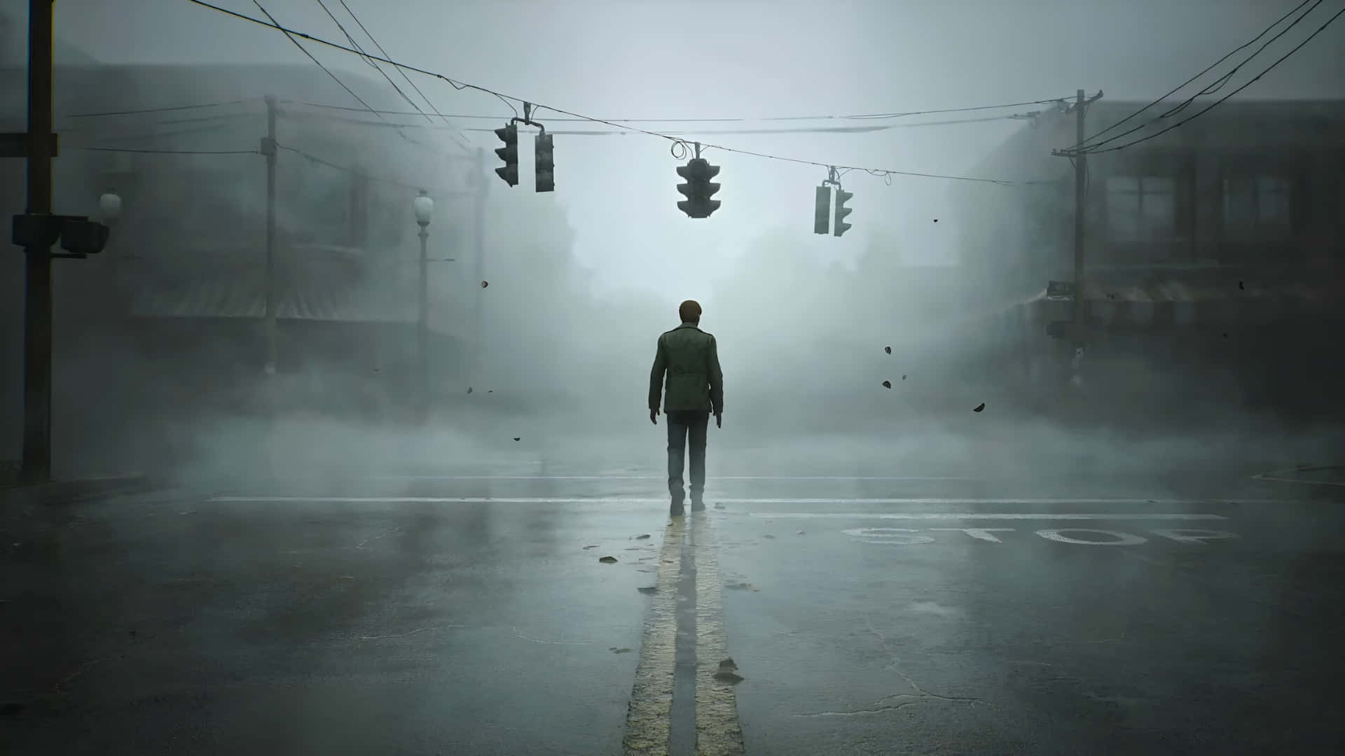 Silent Hill 2, foggy intersection, green coat, Full HD Desktop Wallpaper