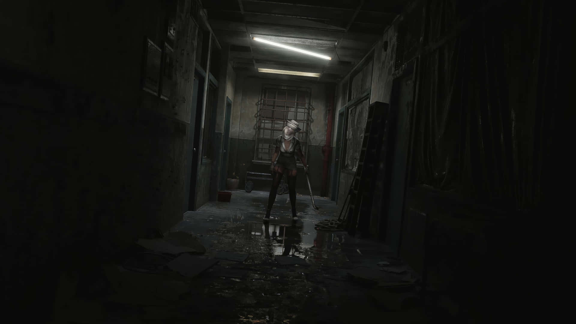 Silent Hill 2, masked figure, dark flooded hallway, Full HD Desktop Wallpaper