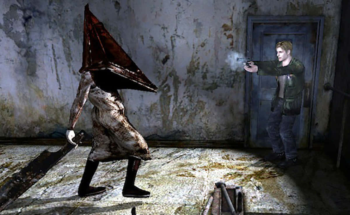 Silent Hill characters, terrified man, towering figure with a triangular hat and bloodied blade, SD Desktop Wallpaper