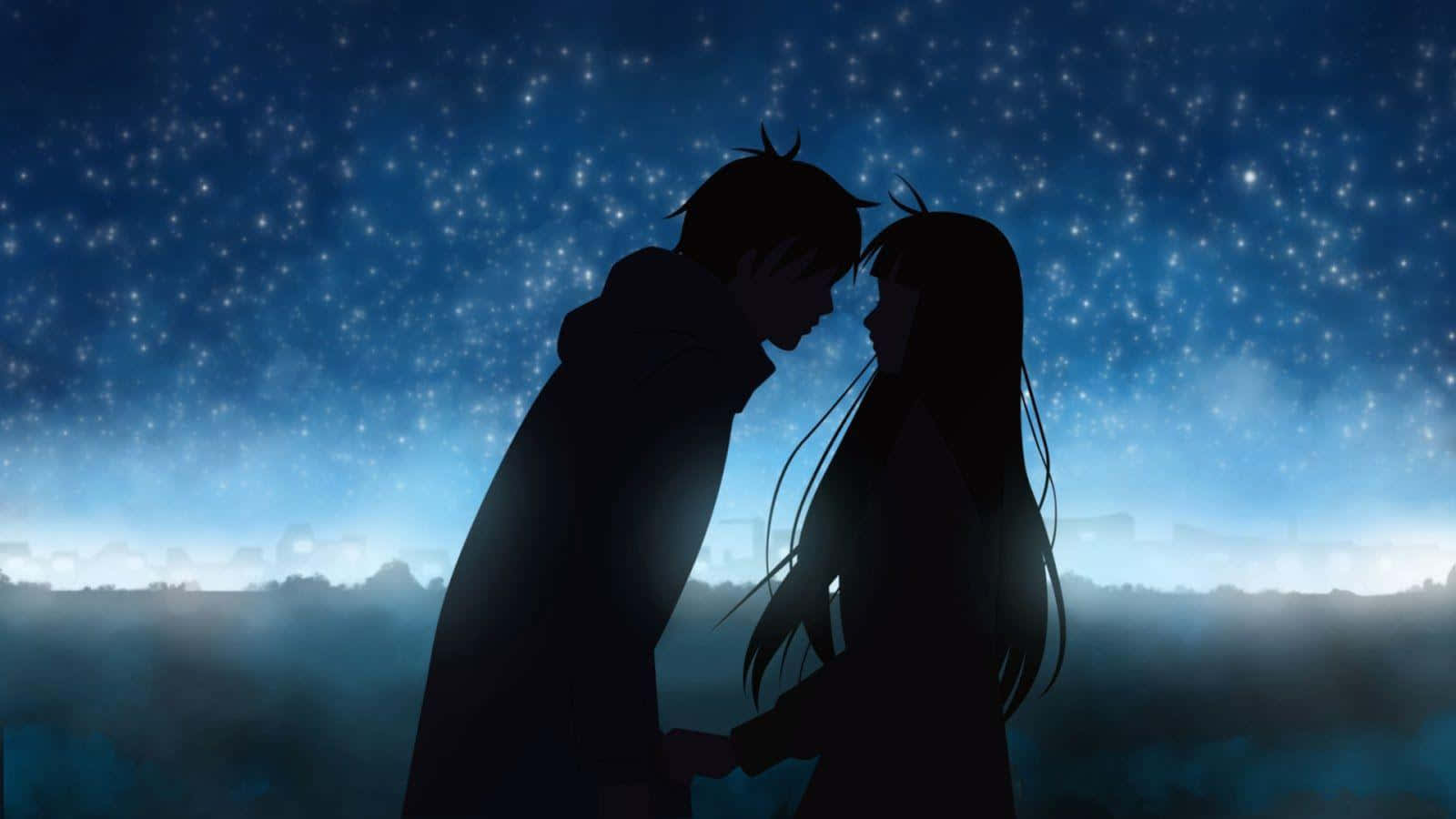 anime couple, silhouette, blue night sky, HD Desktop Wallpaper