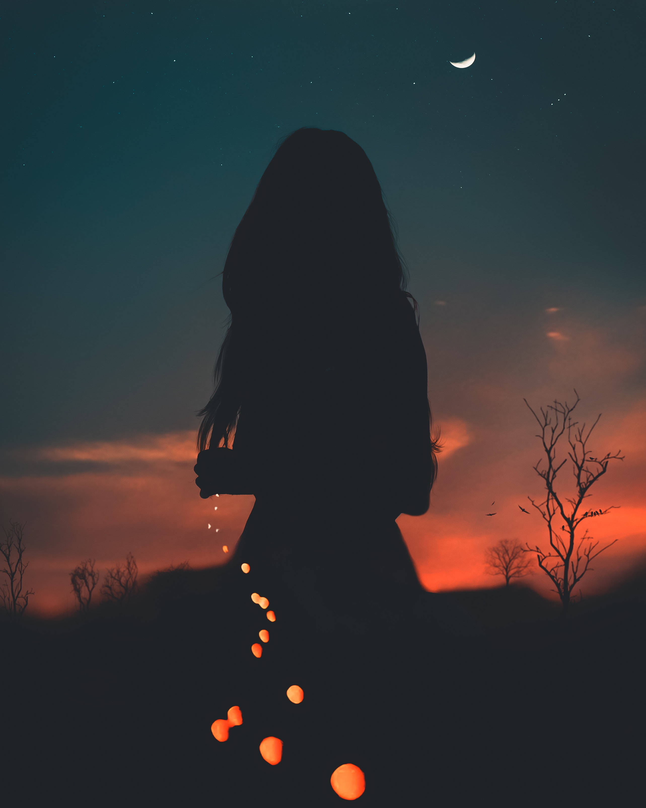 silhouette woman, glowing lanterns, twilight sky, 2K Phone Wallpaper