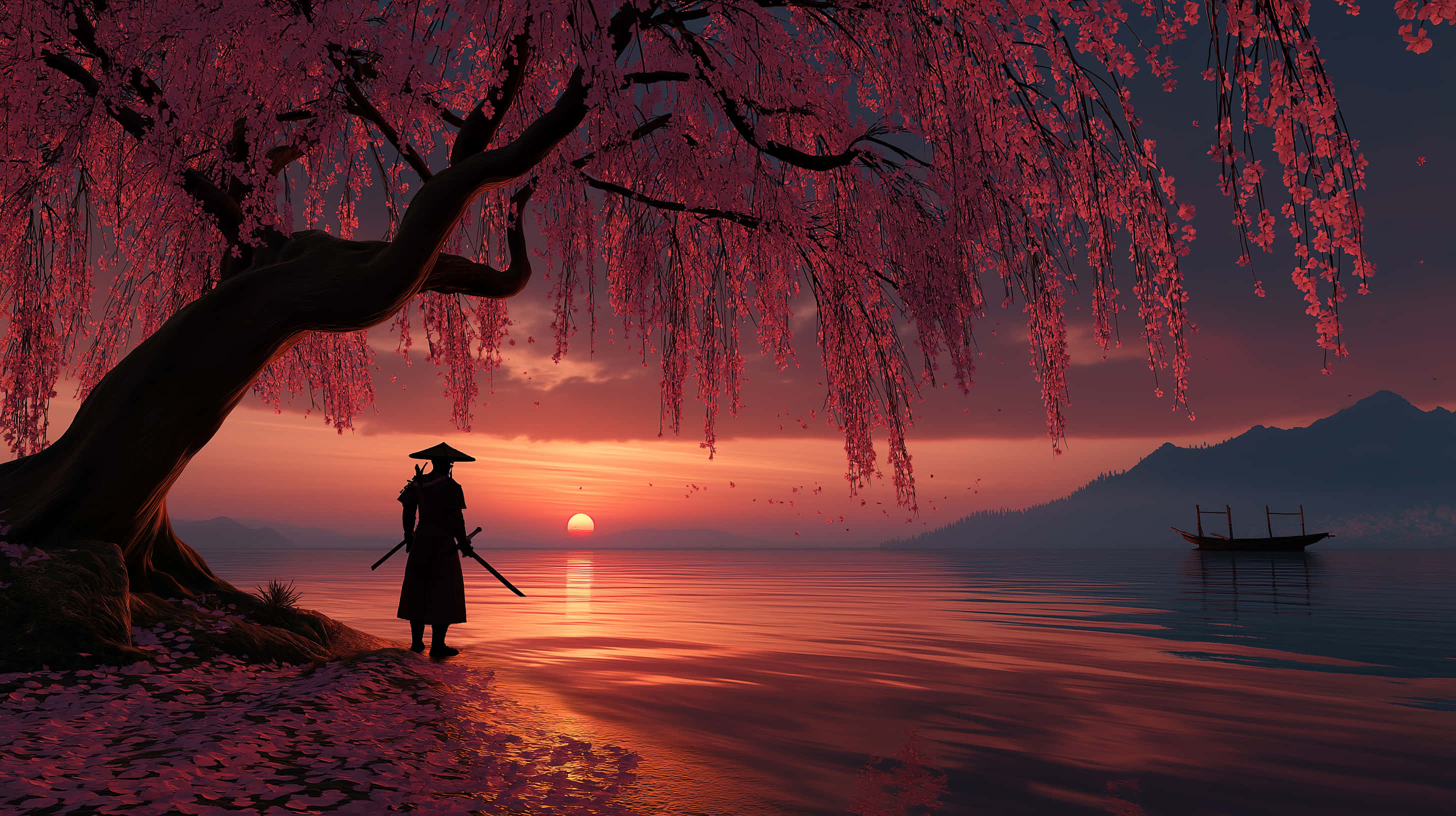 warrior, weeping blossom tree, lakeside, 2K Desktop Wallpaper