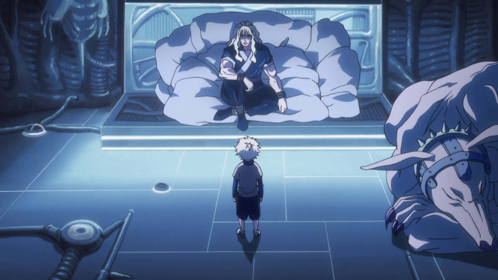 Silva Zoldyck, cold blue room, large bed, Full HD Desktop Wallpaper