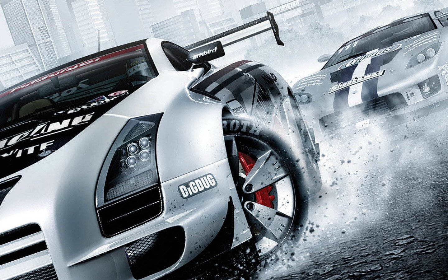 silver race cars, high-speed urban street battle, spray flying, HD Desktop Wallpaper