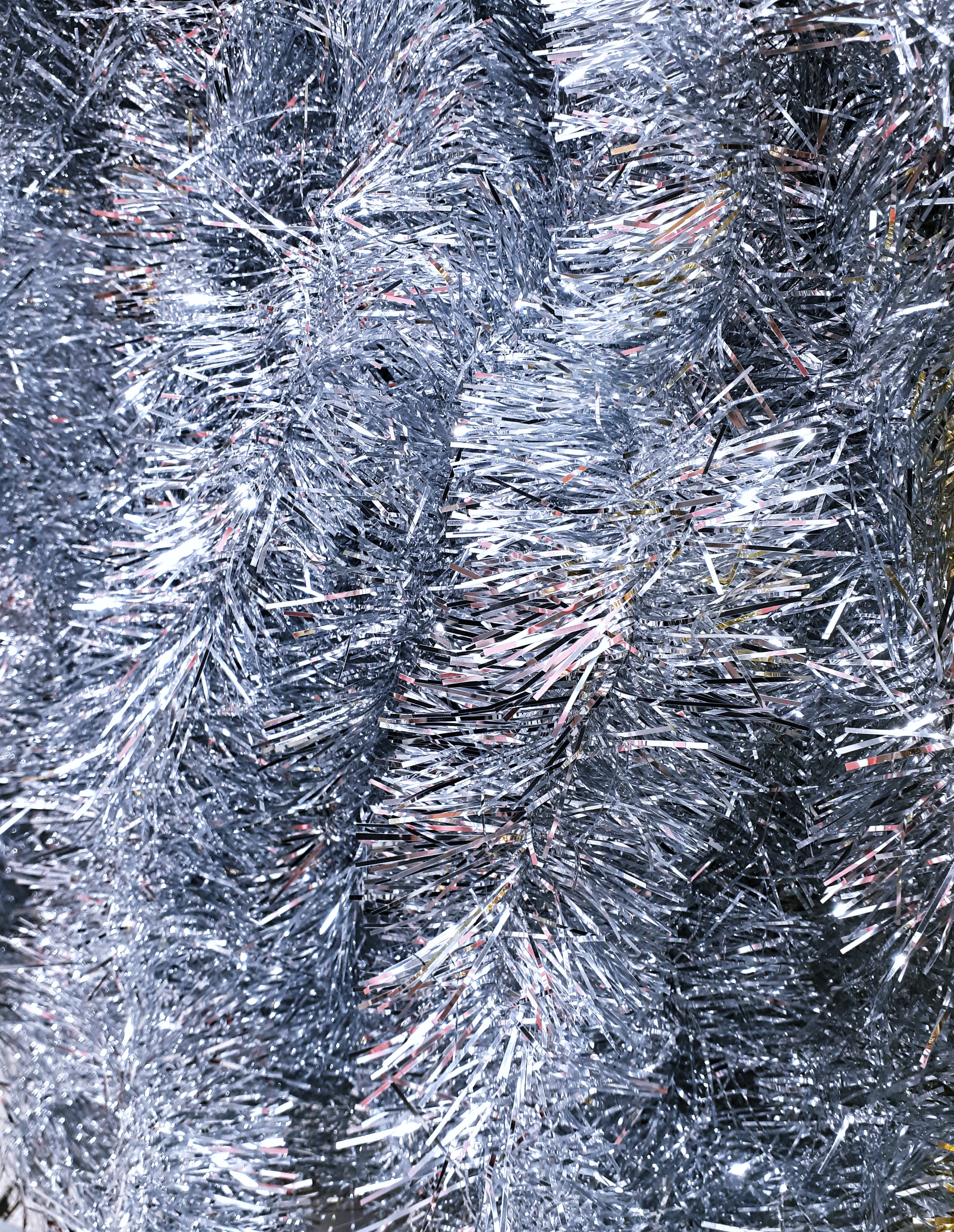 Silver Glitter Christmas Tree Tinsel, silver tinsel strands, glittering reflections, 4K Phone Wallpaper