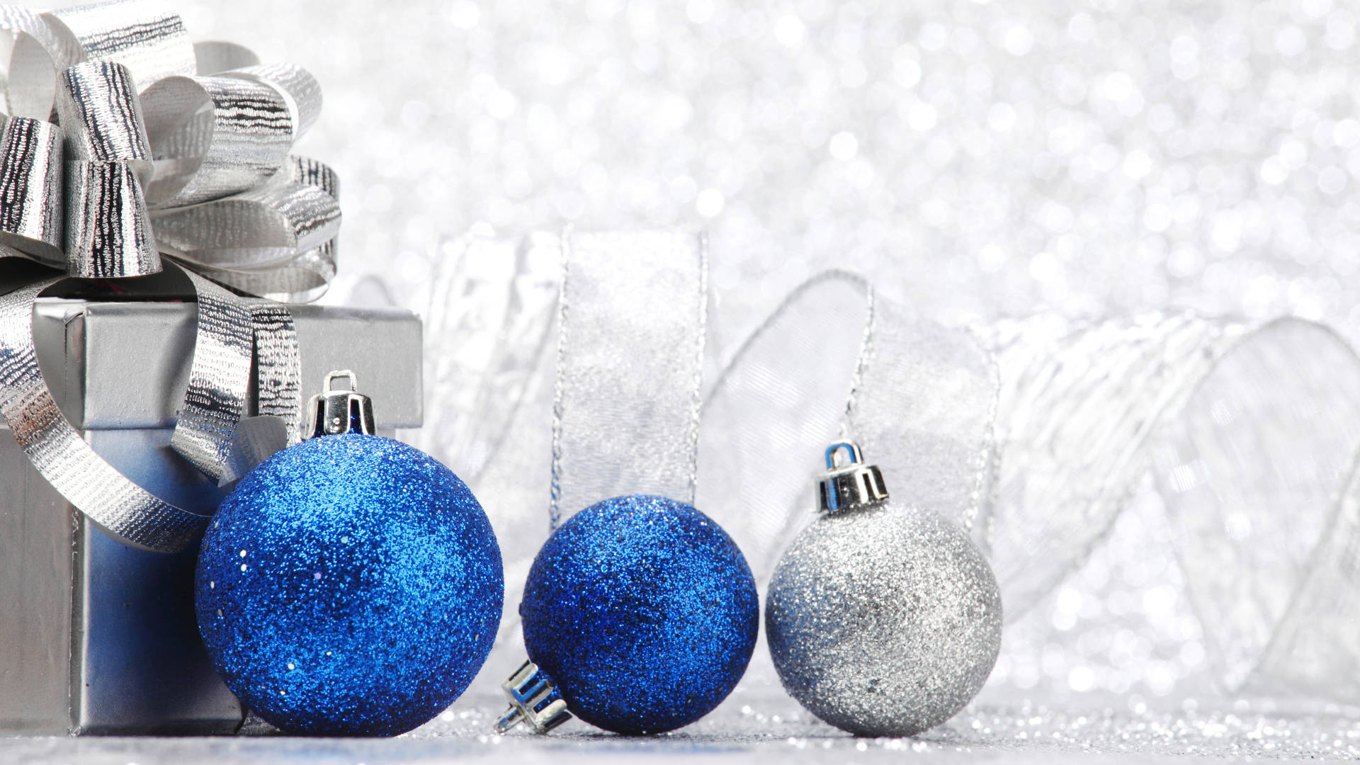 Blue Silver Glitter Christmas Ornaments, shiny blue and silver glitter, gift box with ribbon, Full HD Desktop Wallpaper
