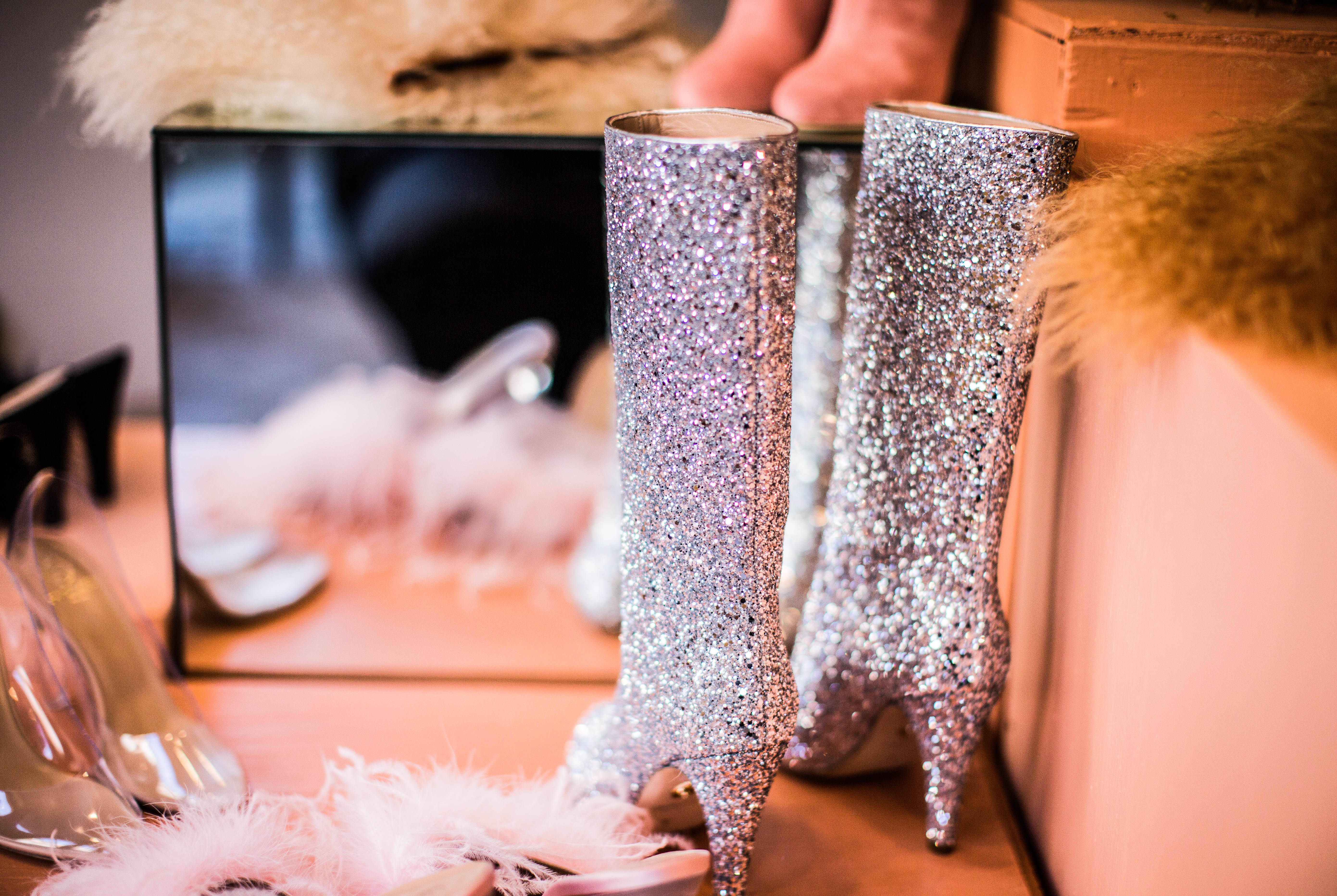 high cut silver glitter boots, shiny silver glitter boots, high heels, 5K Desktop Wallpaper