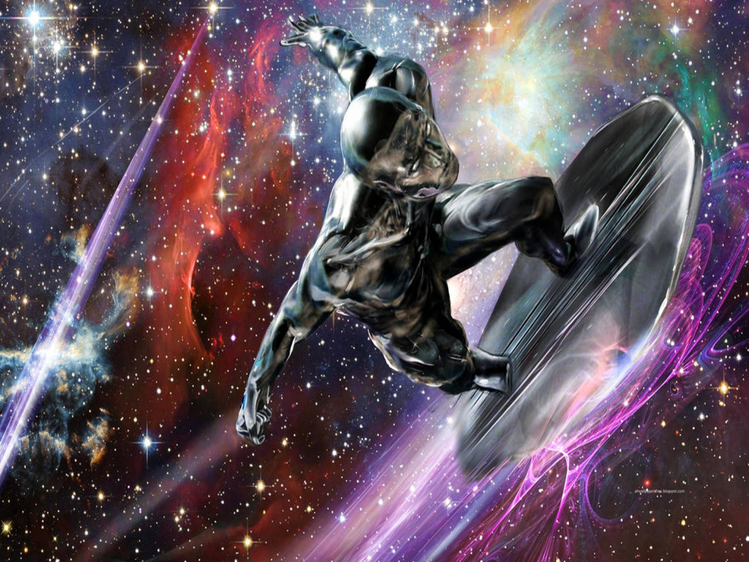 Silver Surfer, cosmic nebula, glowing board, 2K Desktop Wallpaper