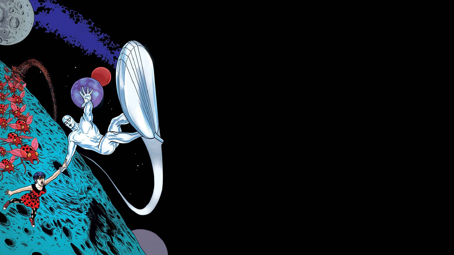 Silver Surfer, teal planet, red polka dot dress, Full HD Desktop Wallpaper