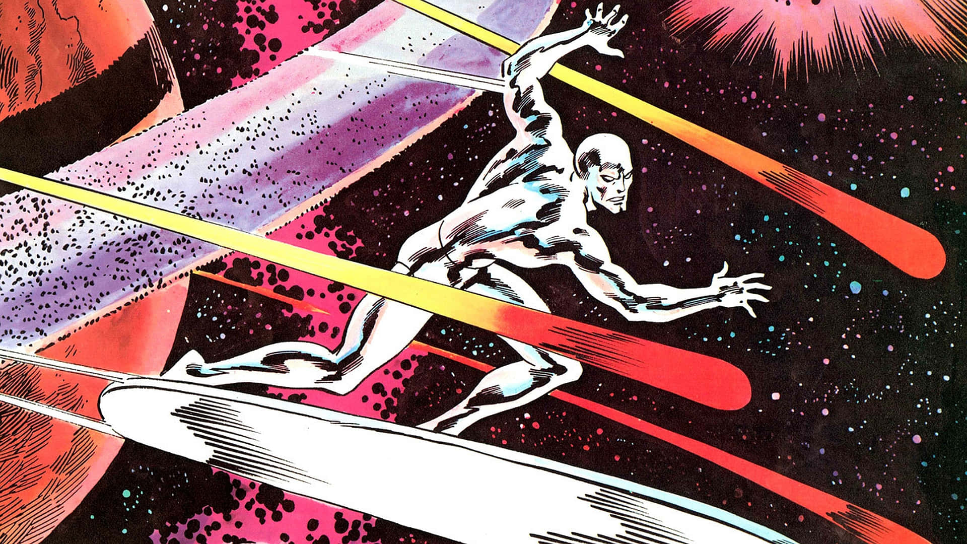 Silver Surfer, cosmic storm, streaking red yellow and purple light, Full HD Desktop Wallpaper