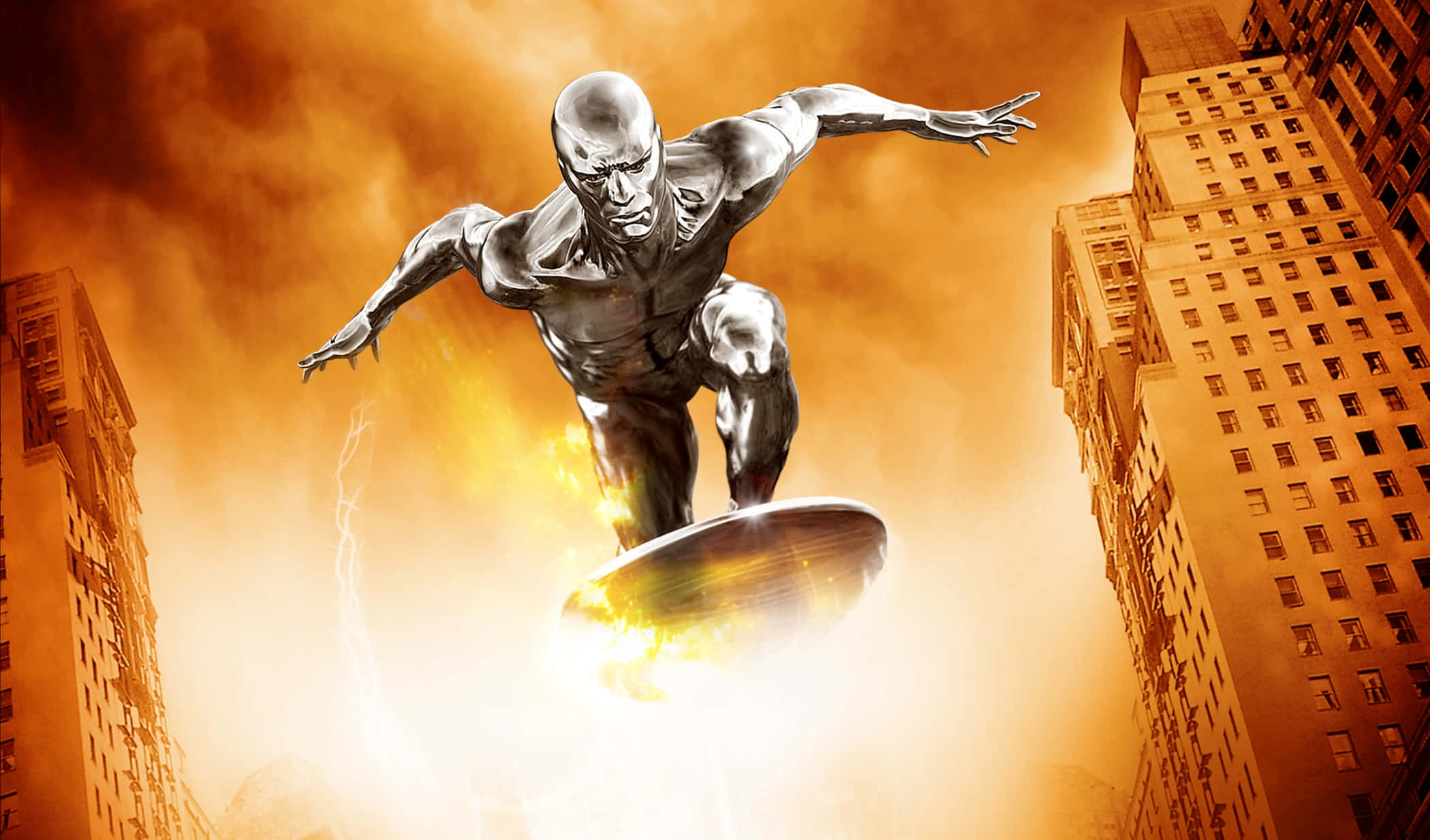 Silver Surfer, glowing disc, fiery orange sky, Full HD Desktop Wallpaper