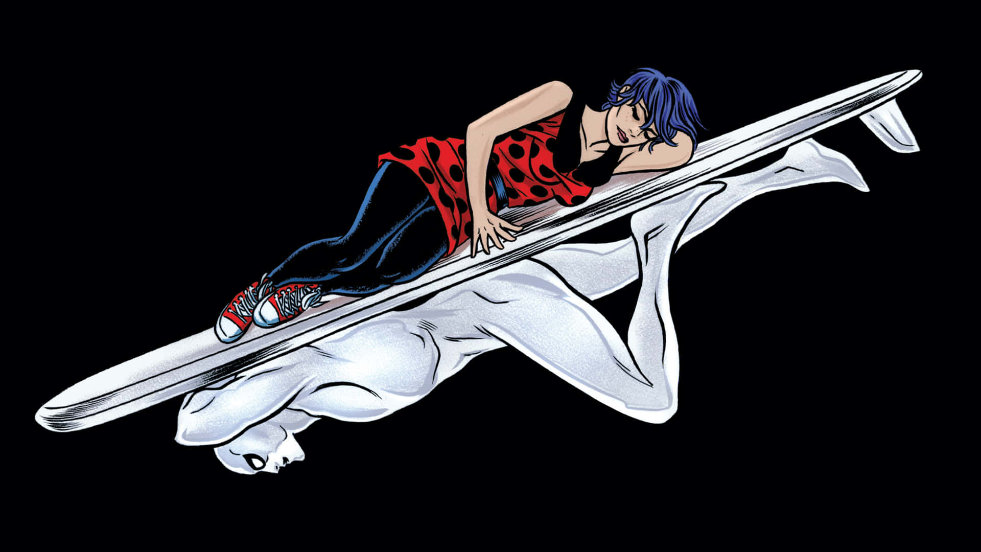 Silver Surfer, silver surfboard, blue-haired woman, Full HD Desktop Wallpaper