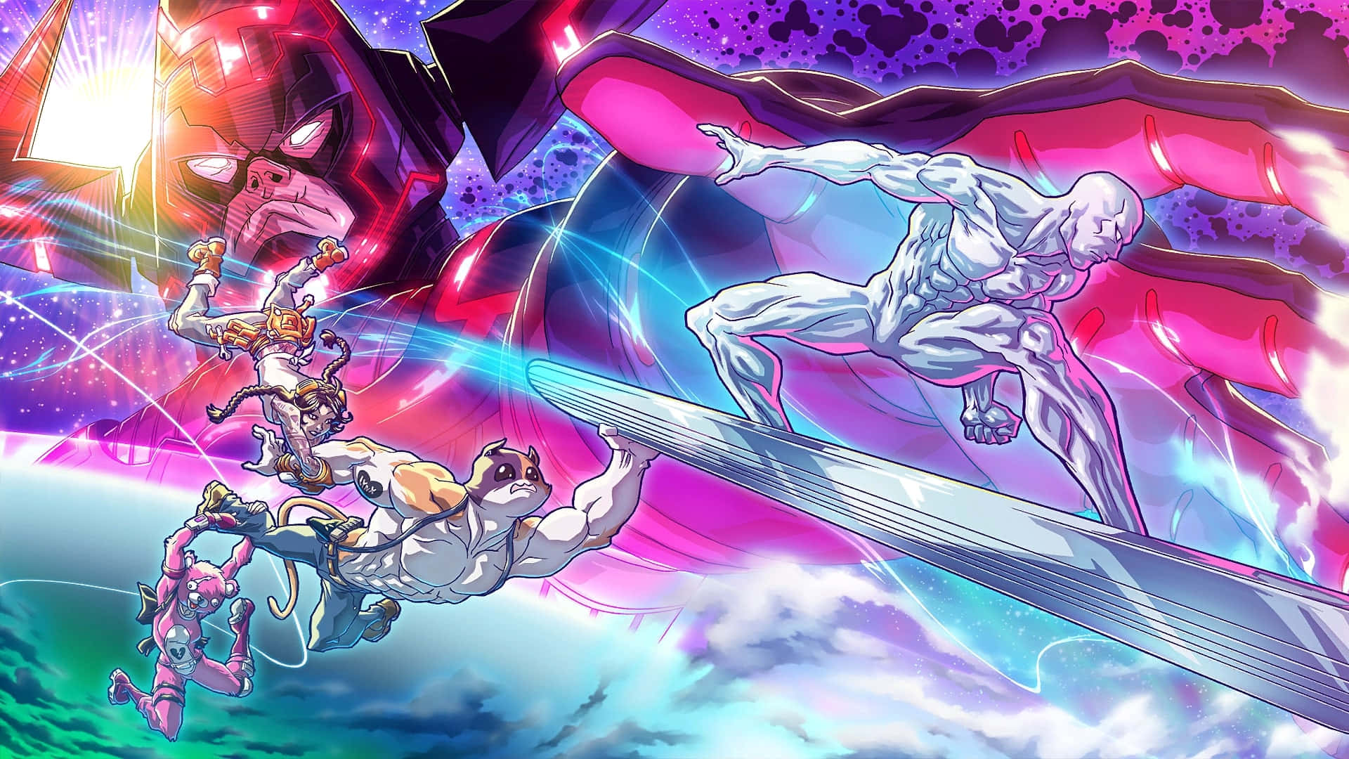 Silver Surfer, cosmic purple and blue background, anime-style battle scene, Full HD Desktop Wallpaper