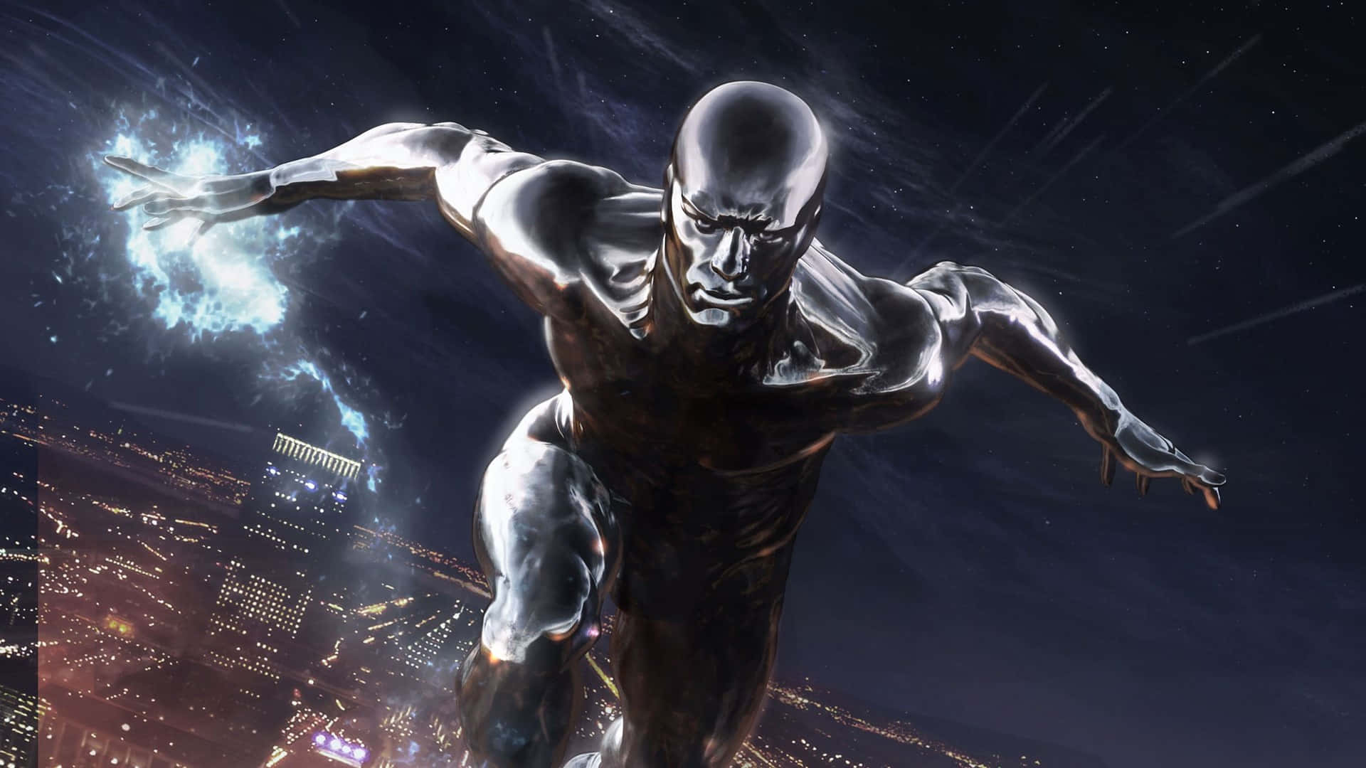 Silver Surfer, cosmic power, glowing cityscape, Full HD Desktop Wallpaper