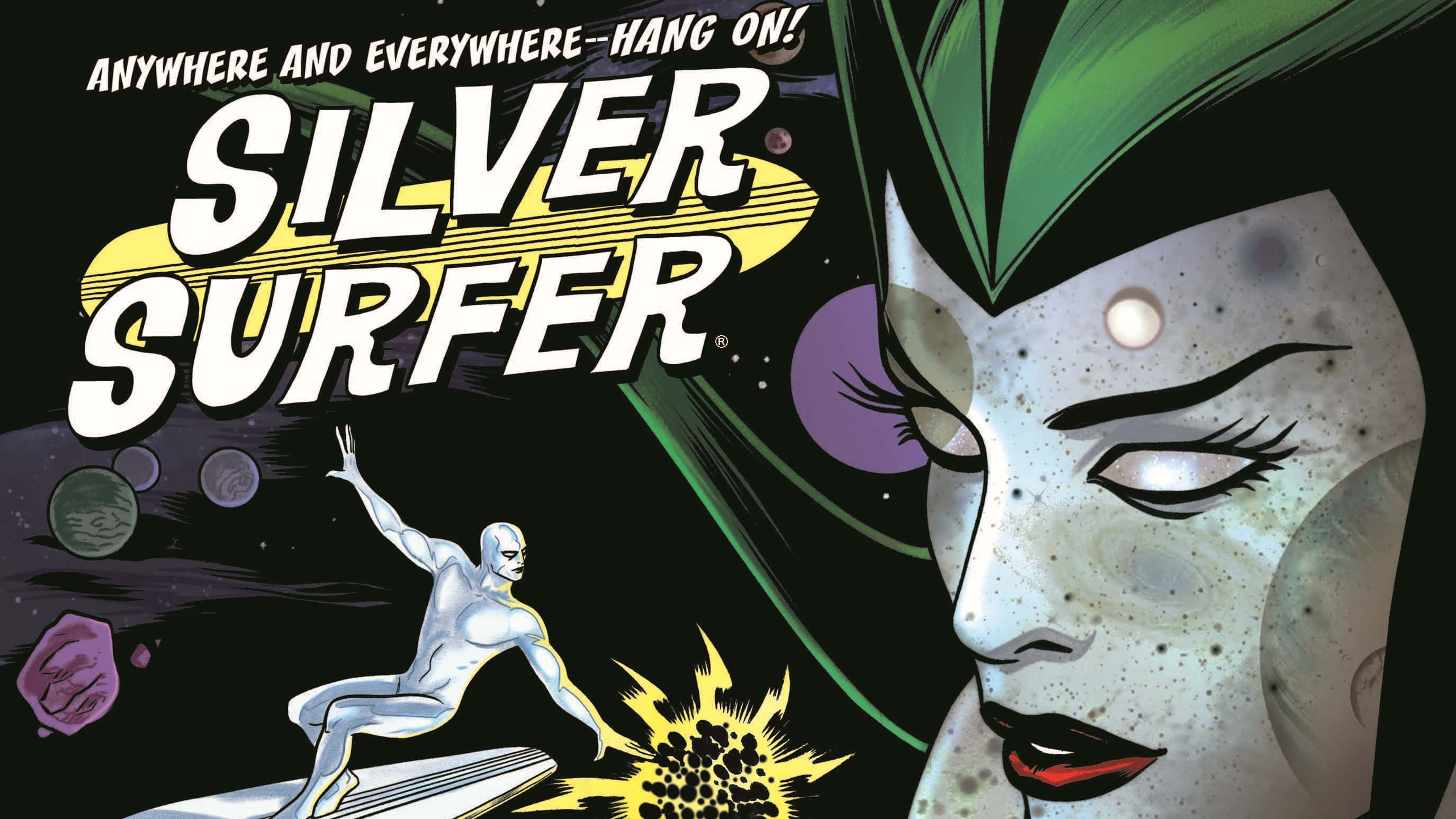 Silver Surfer, cosmic space, green-haired woman, 2K Desktop Wallpaper