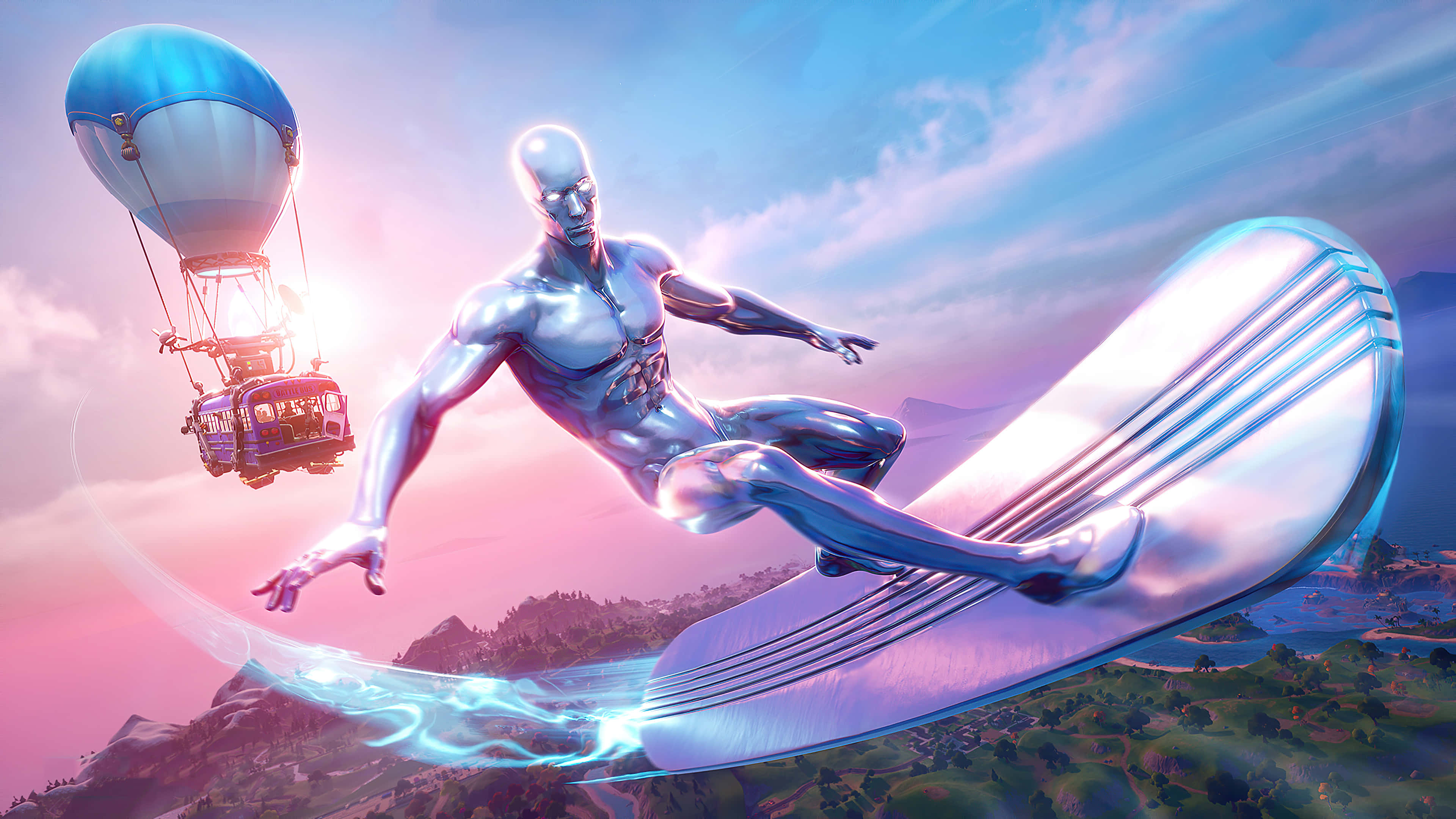 Silver Surfer, chrome humanoid, glowing surfboard, 4K Desktop Wallpaper
