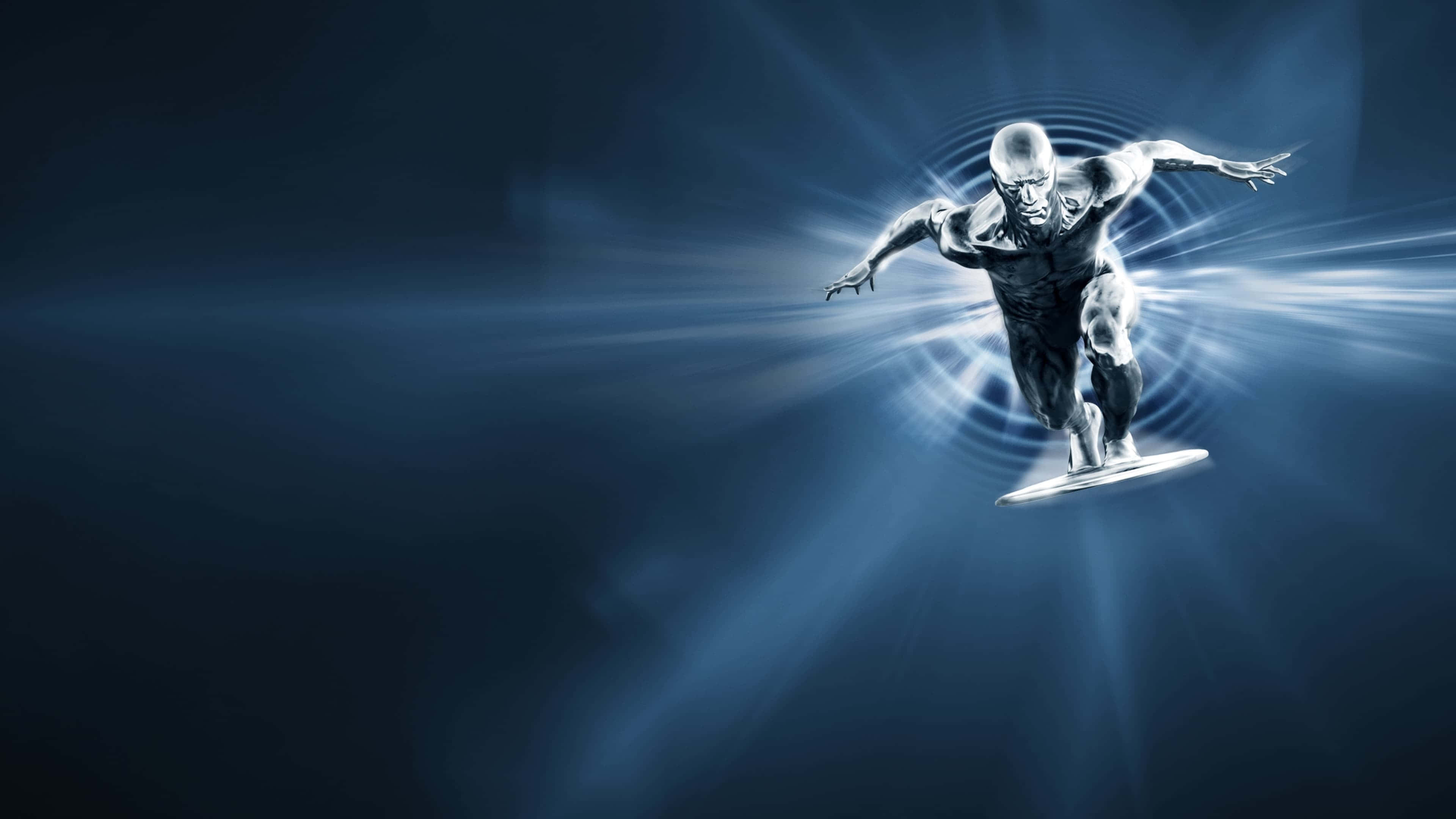 Silver Surfer, glowing board, radiant blue energy field, 4K Desktop Wallpaper