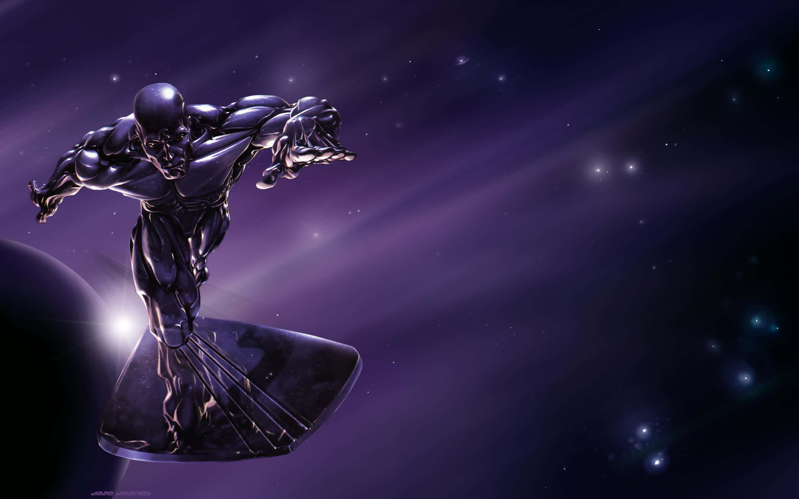 Silver Surfer, cosmic hero, starry purple galaxy, 2K Desktop Wallpaper