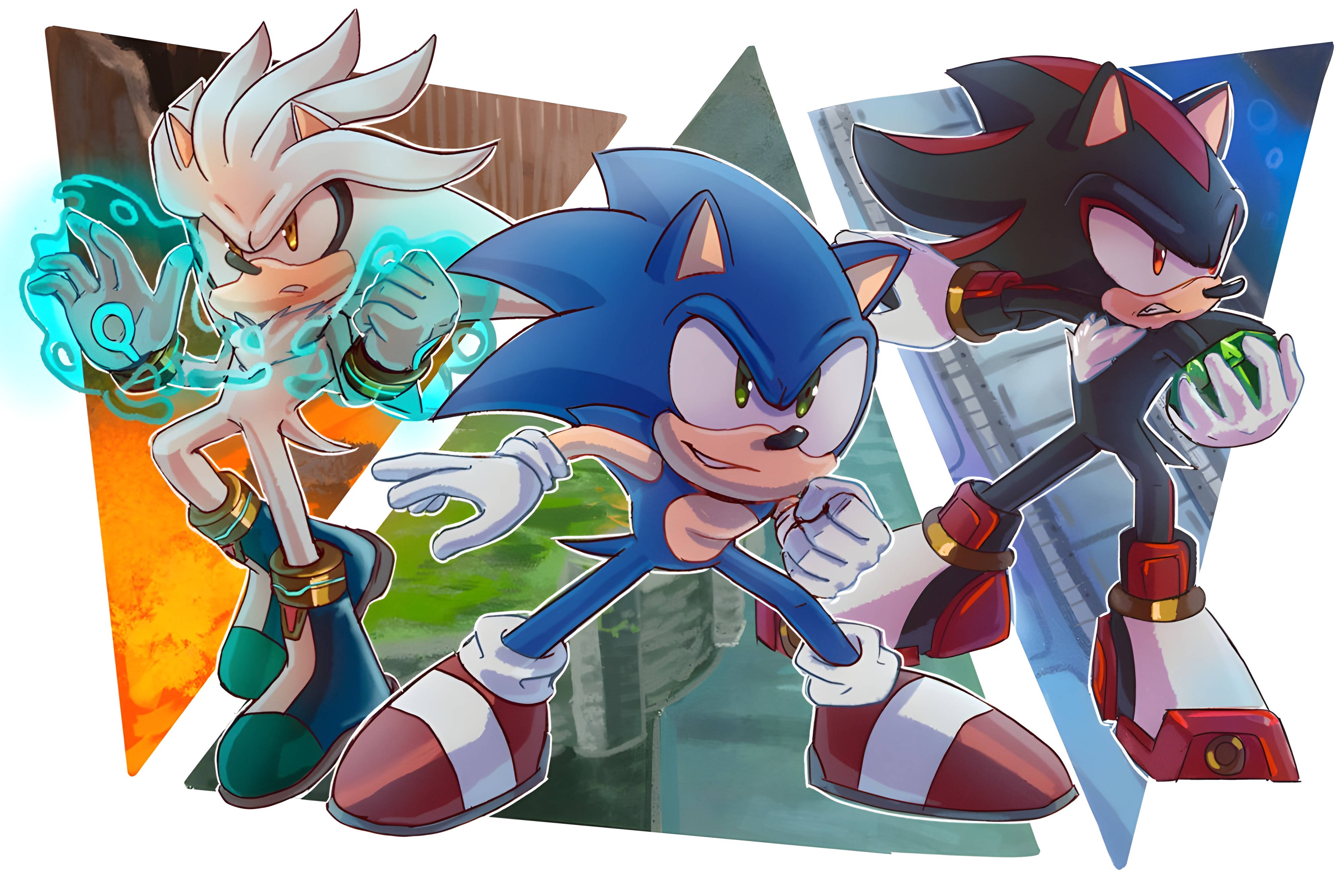Silver The Hedgehog, triangle frames, glowing energy effects, 4K Desktop Wallpaper