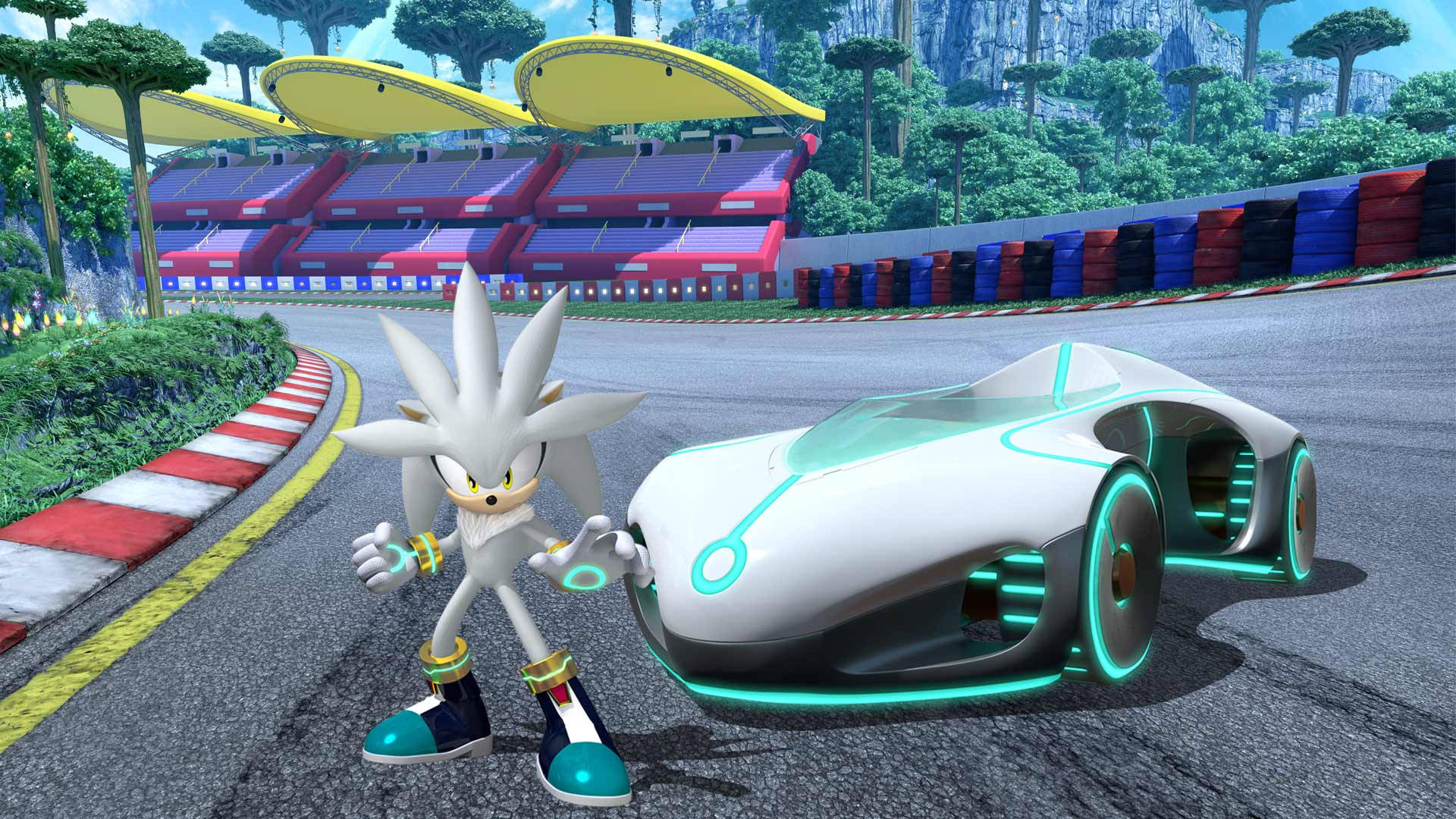 Silver The Hedgehog, glowing teal and white futuristic race car, vibrant racetrack, Full HD Desktop Wallpaper