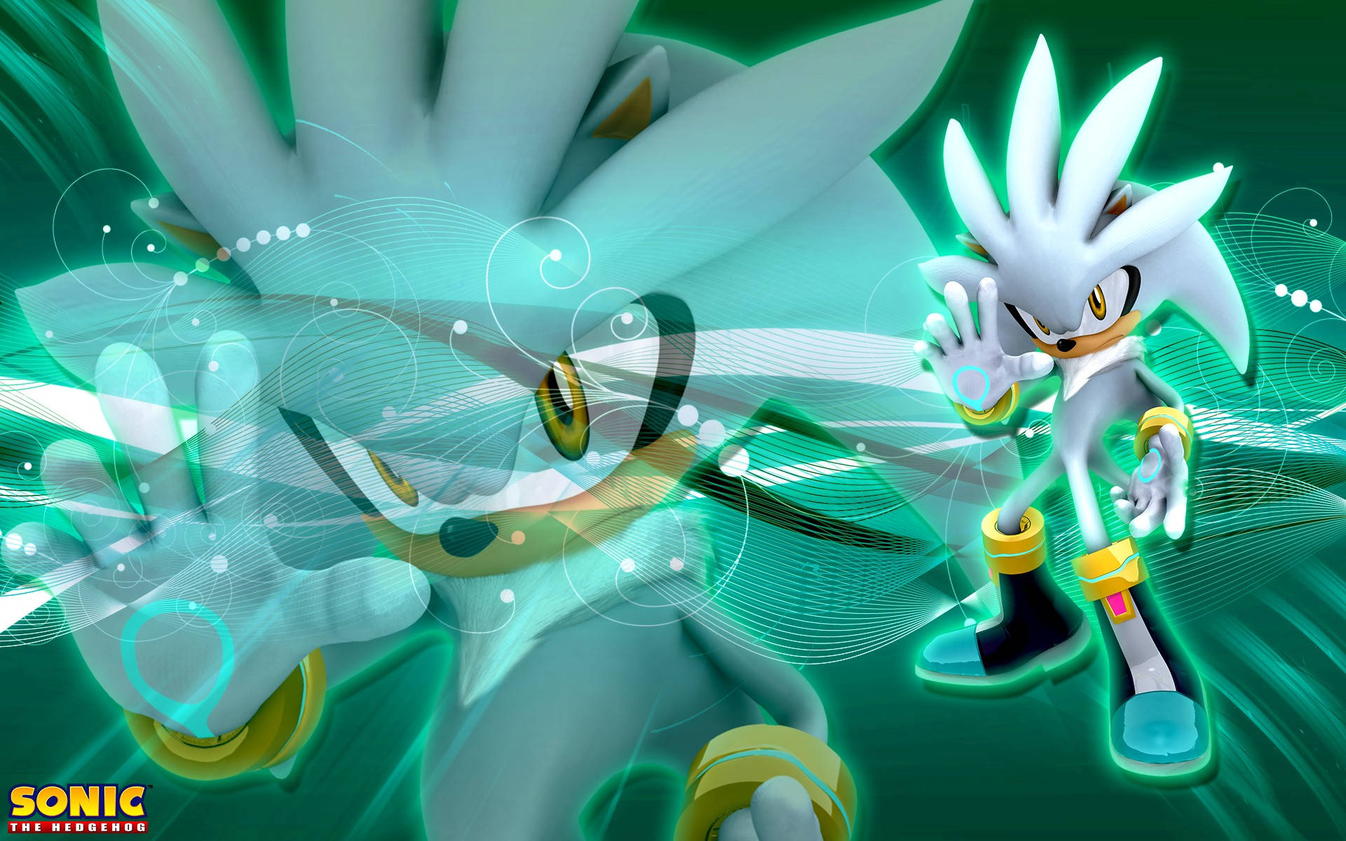 Silver The Hedgehog, teal energy background, glowing particle effects, Full HD Desktop Wallpaper