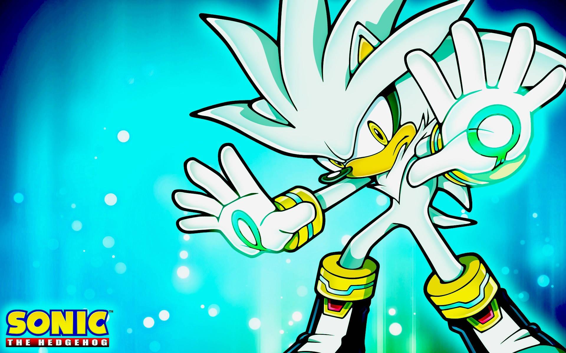 Silver The Hedgehog, glowing rings, vibrant blue sparkly background, Full HD Desktop Wallpaper