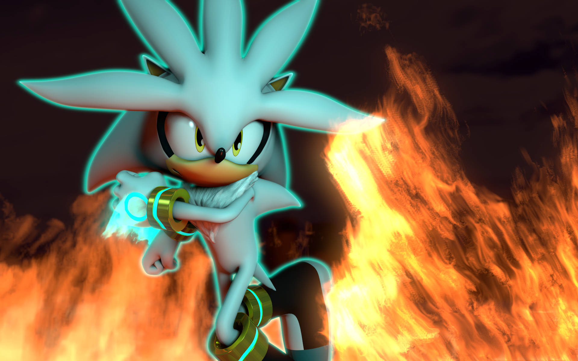 Silver the Hedgehog, fiery flames, glowing cyan energy aura, Full HD Desktop Wallpaper