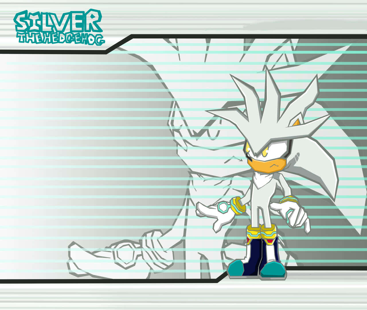 Silver The Hedgehog, teal and gray striped background, stylized comic panel, HD Desktop Wallpaper