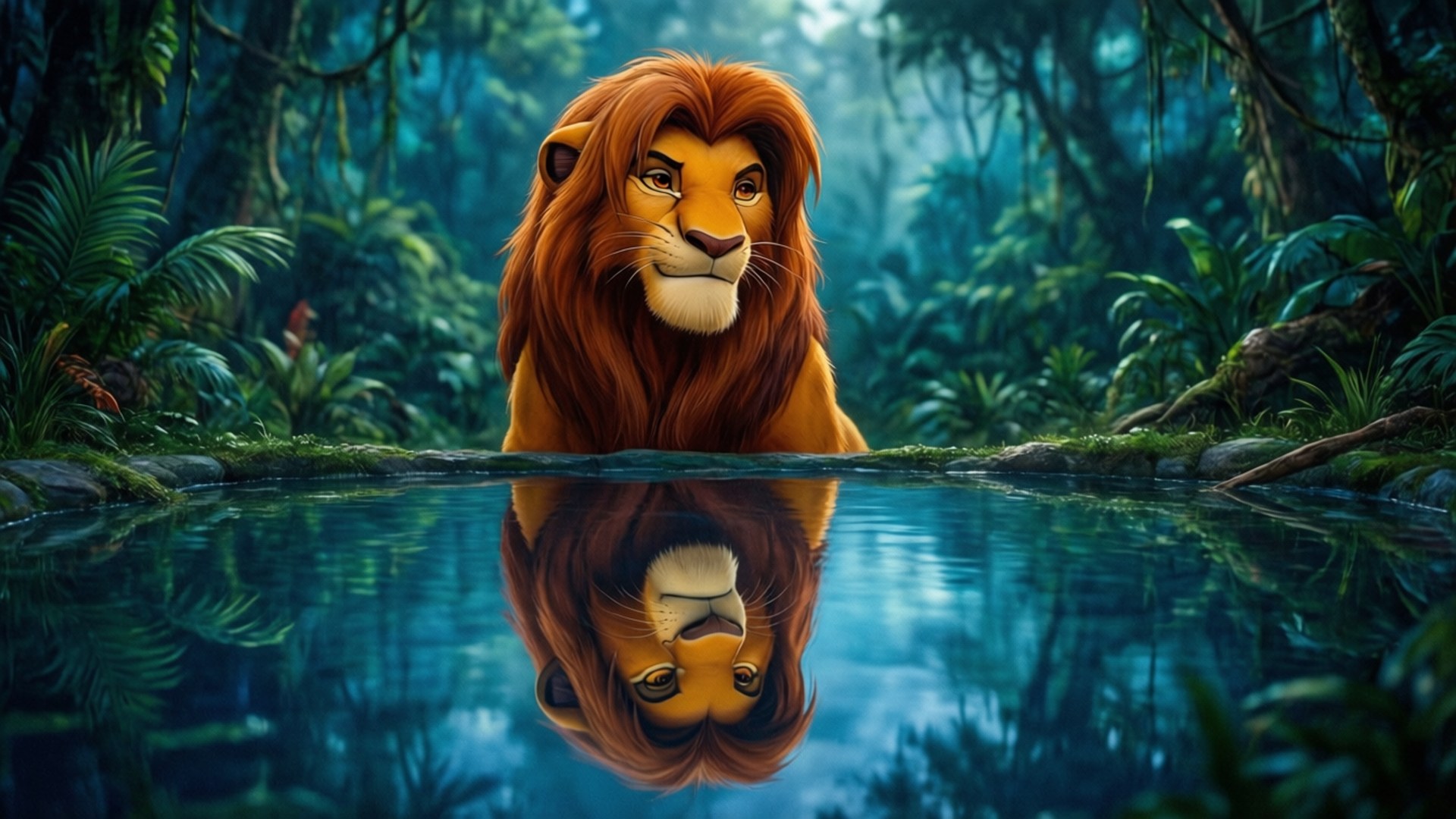 Simba, reflection, water, Full HD Desktop Wallpaper