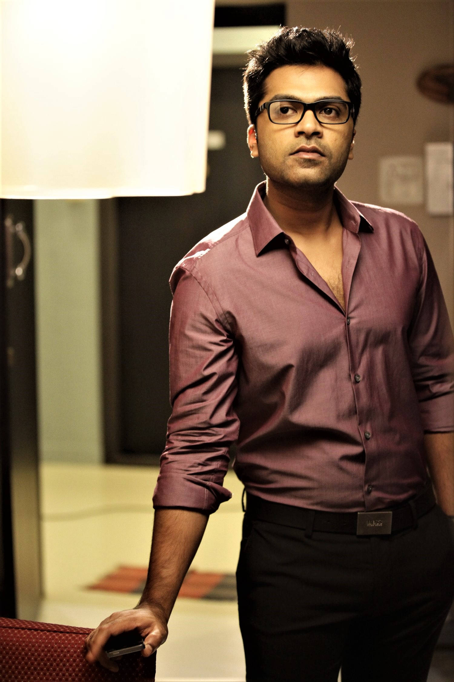 Simbu, maroon shirt, glasses, Full HD Phone Wallpaper