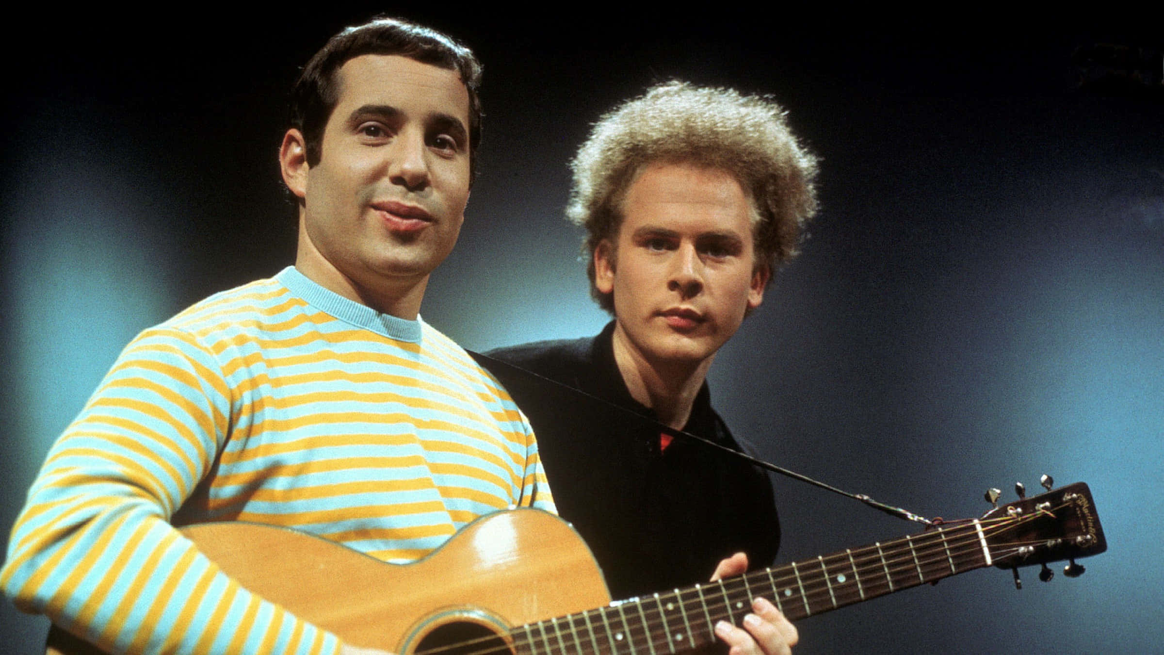 Simon And Garfunkel, striped sweater, acoustic guitar, Full HD Desktop Wallpaper