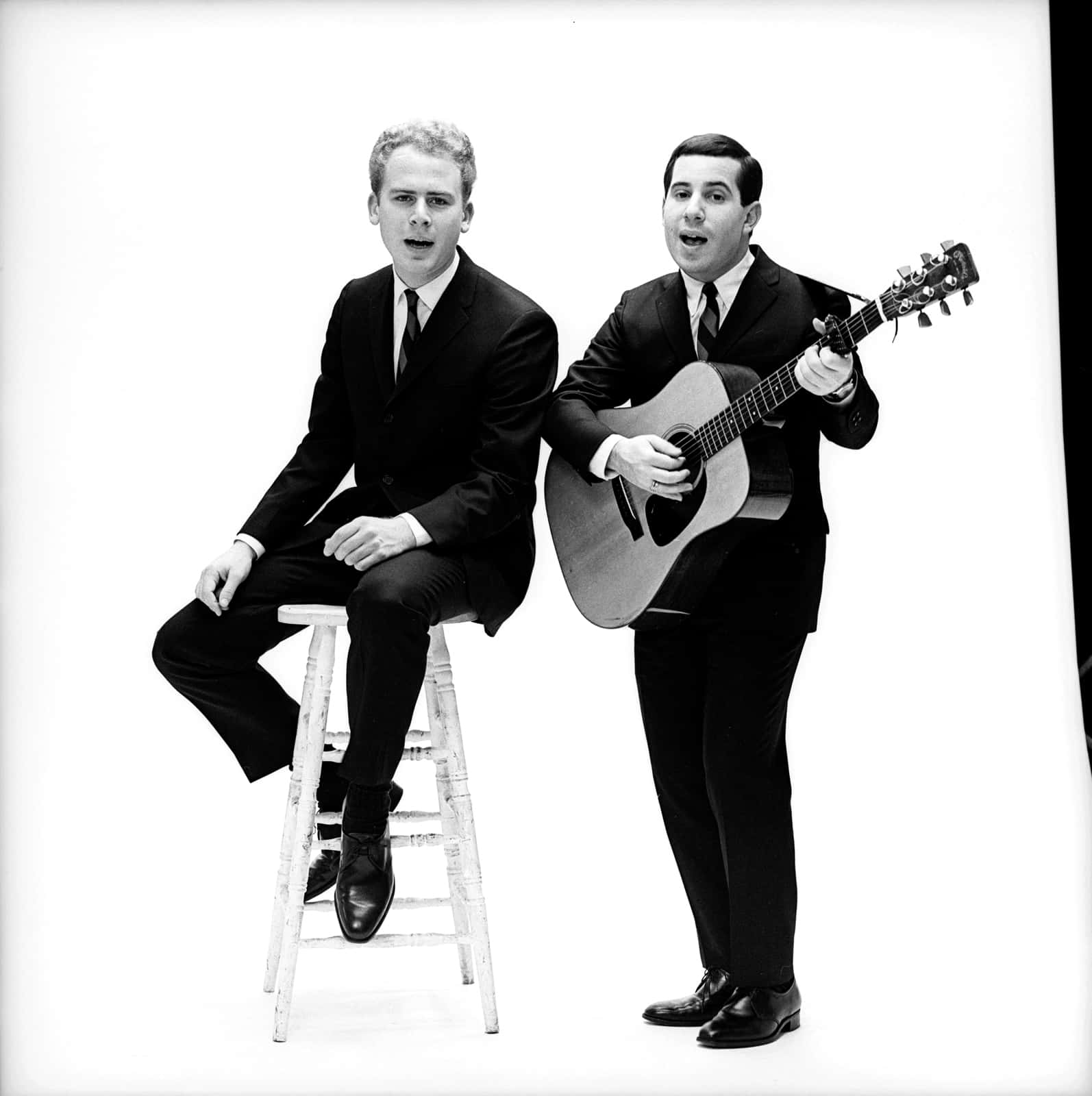 Simon And Garfunkel, suits, stool, HD Phone Wallpaper