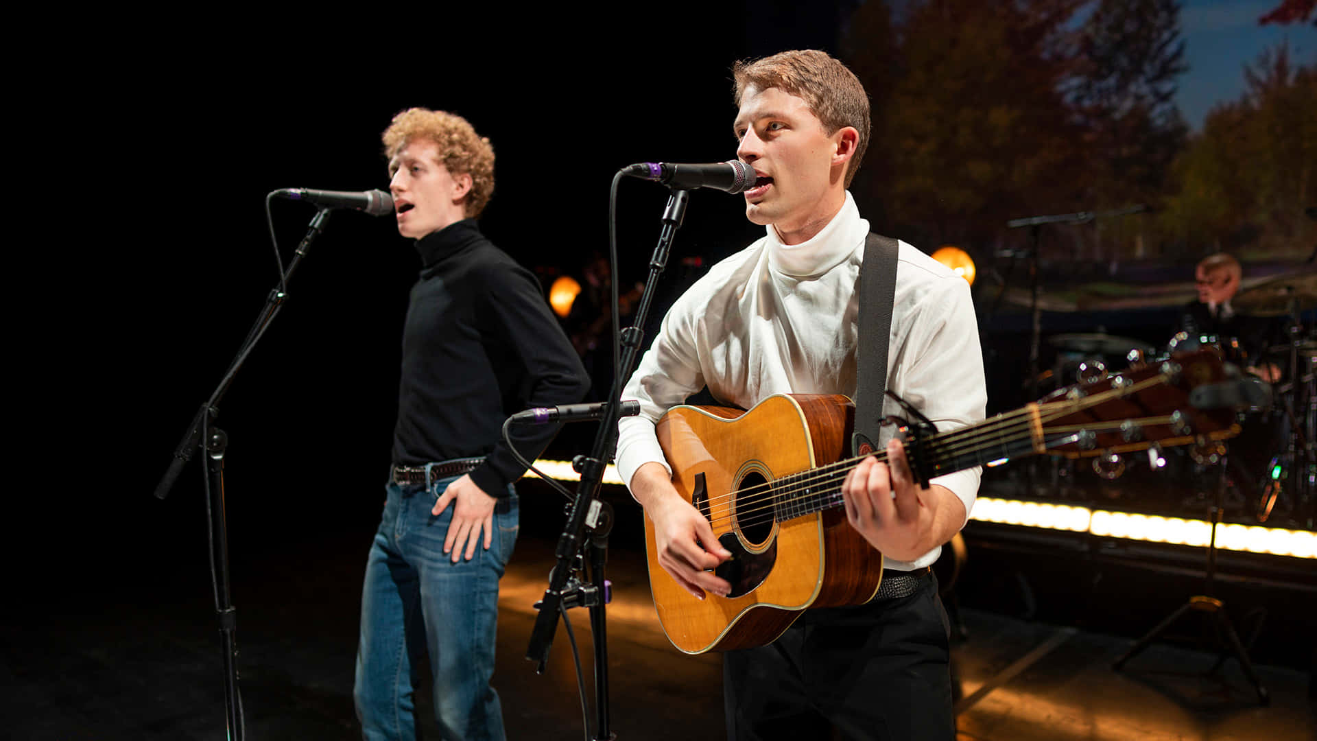 Simon And Garfunkel, acoustic guitar, stage lights, Full HD Desktop Wallpaper