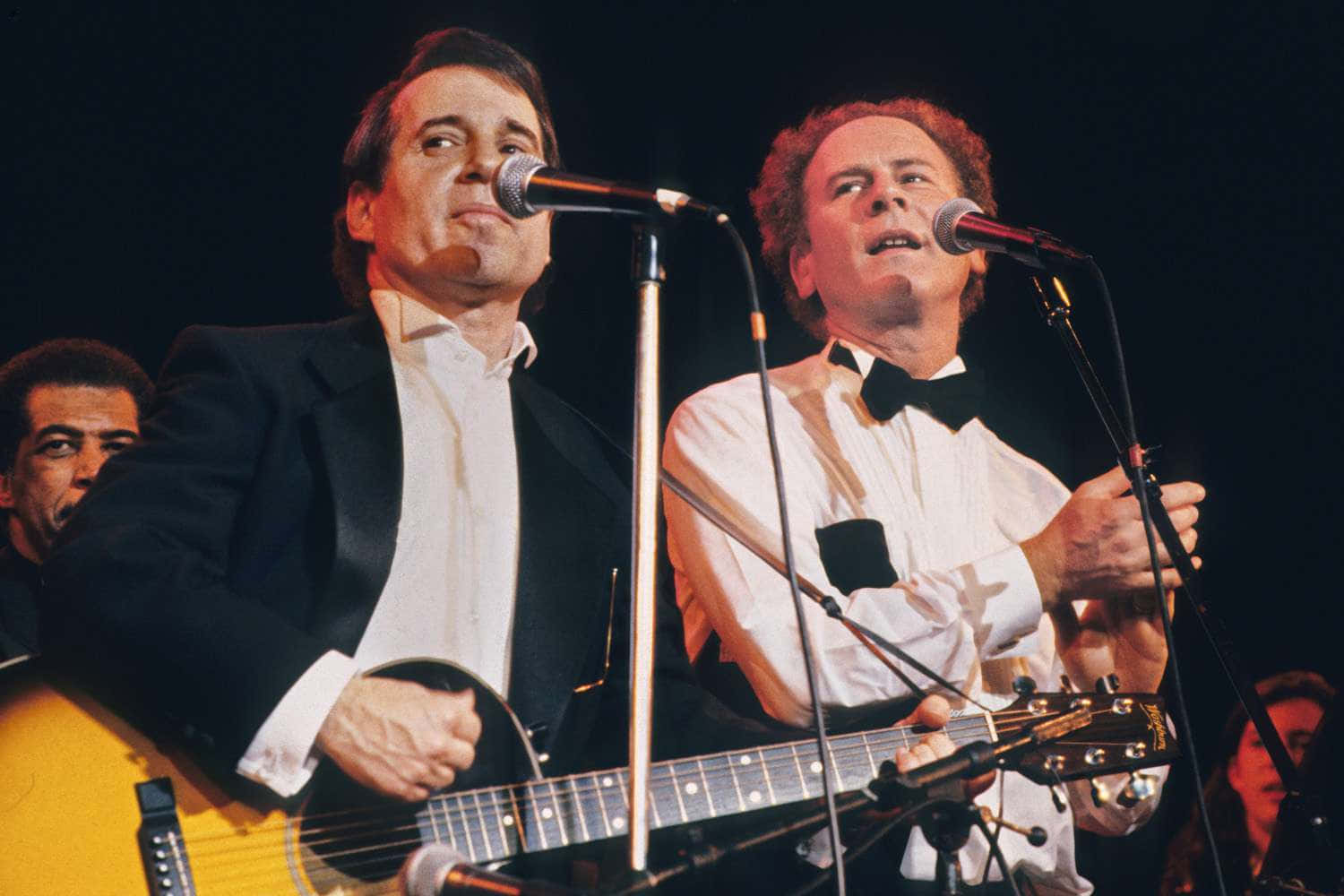 Simon And Garfunkel, formal wear, acoustic guitars, HD Desktop Wallpaper