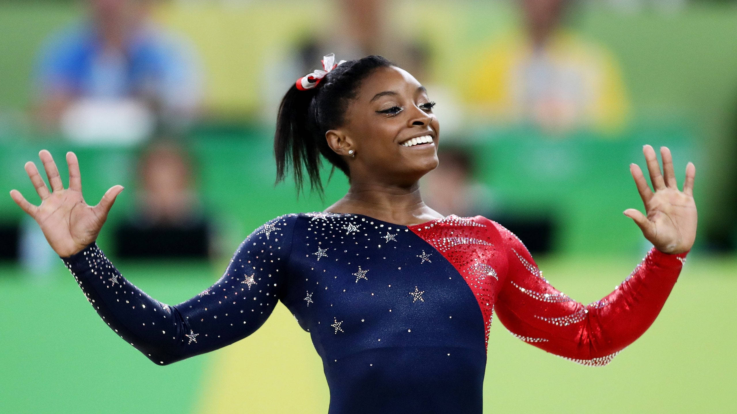 Simon Biles, American leotard, red and blue star-spangled leotard, 2K Desktop Wallpaper