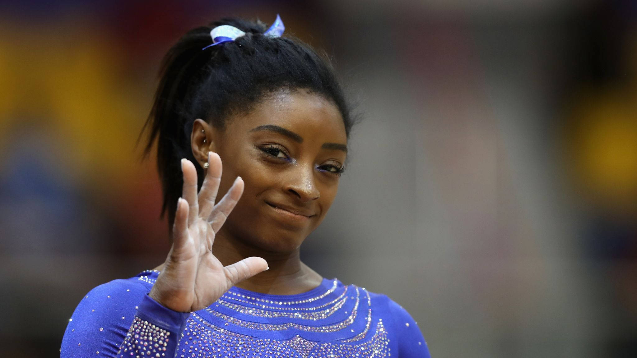 Simon Biles, sparkling blue leotard, competition, Full HD Desktop Wallpaper