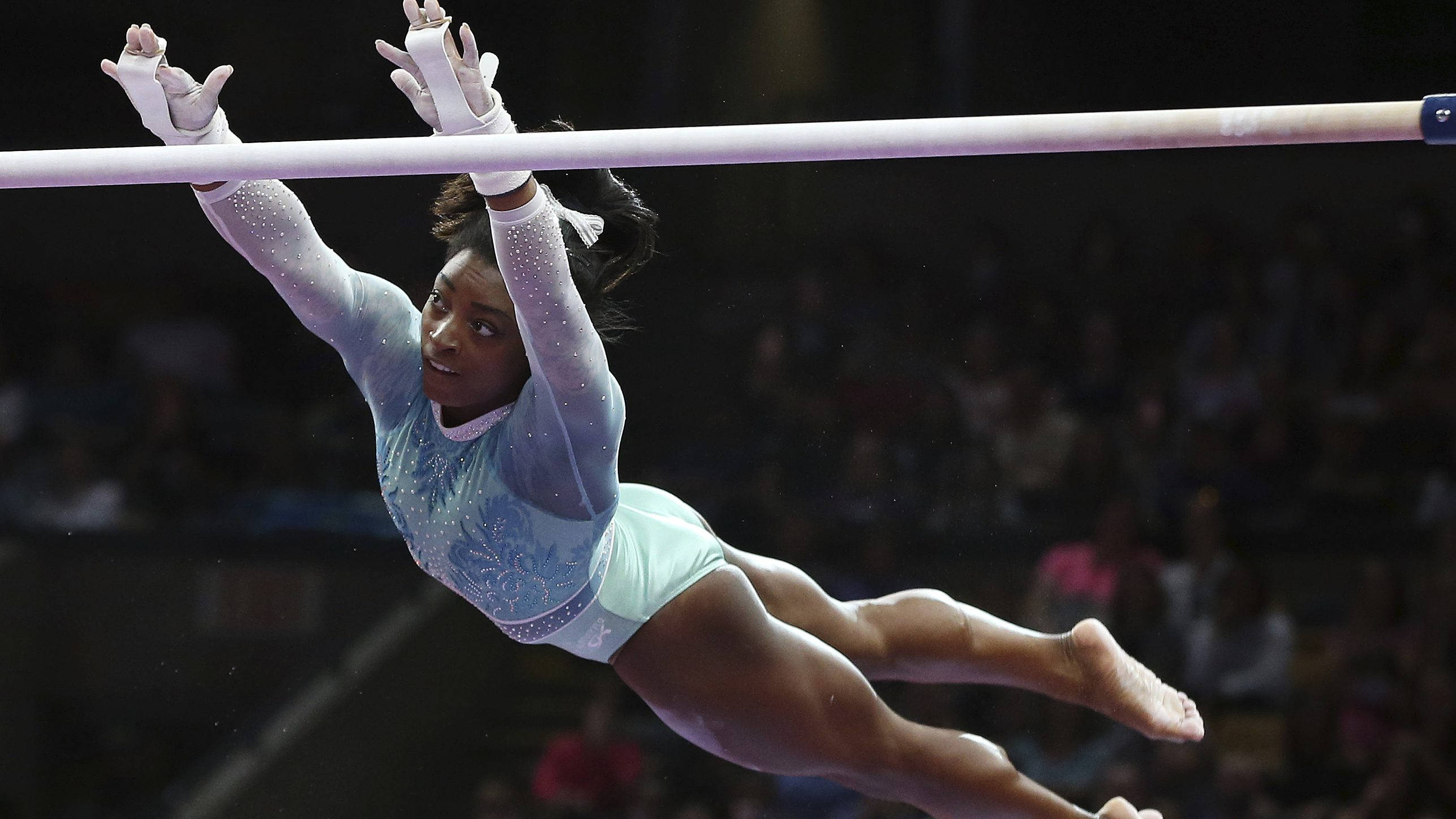Simon Biles, sparkly blue leotard, high bar, 2K Desktop Wallpaper