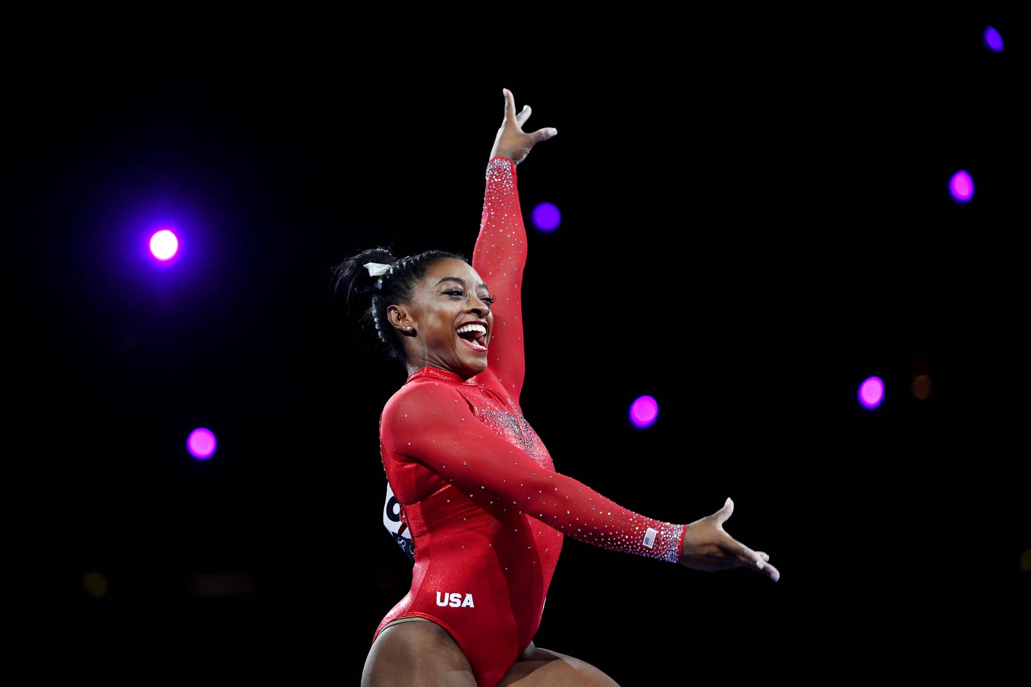 Simon Biles, red sparkly USA leotard, purple stage lights, Full HD Desktop Wallpaper