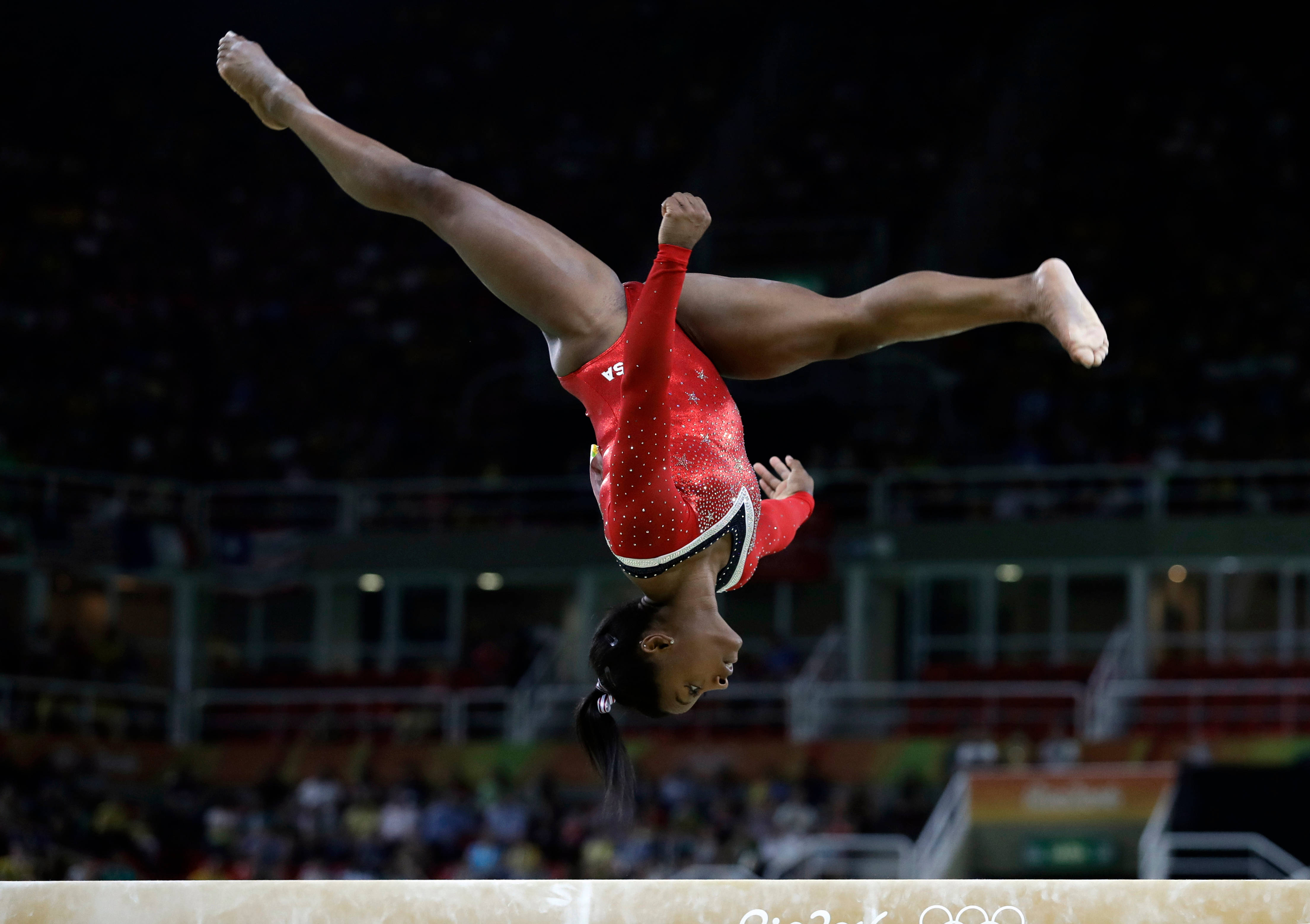 Simon Biles, moon salto, red leotard, 4K Desktop Wallpaper