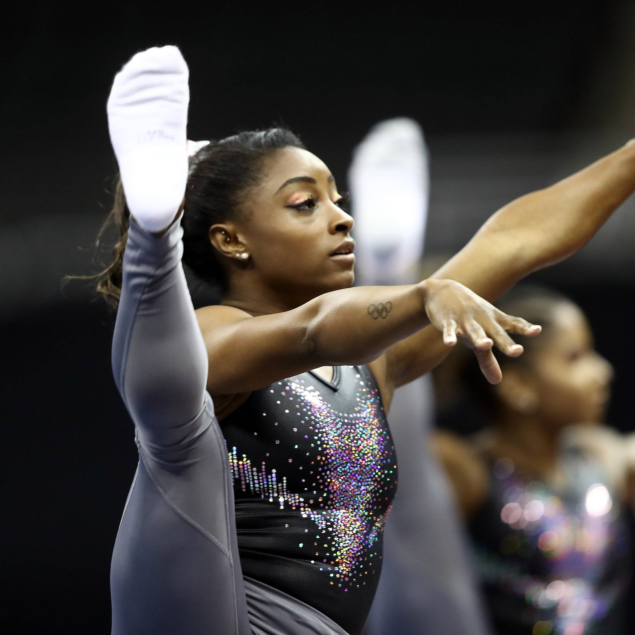 Simon Biles, black outfit, sparkling leotard, Full HD Desktop Wallpaper
