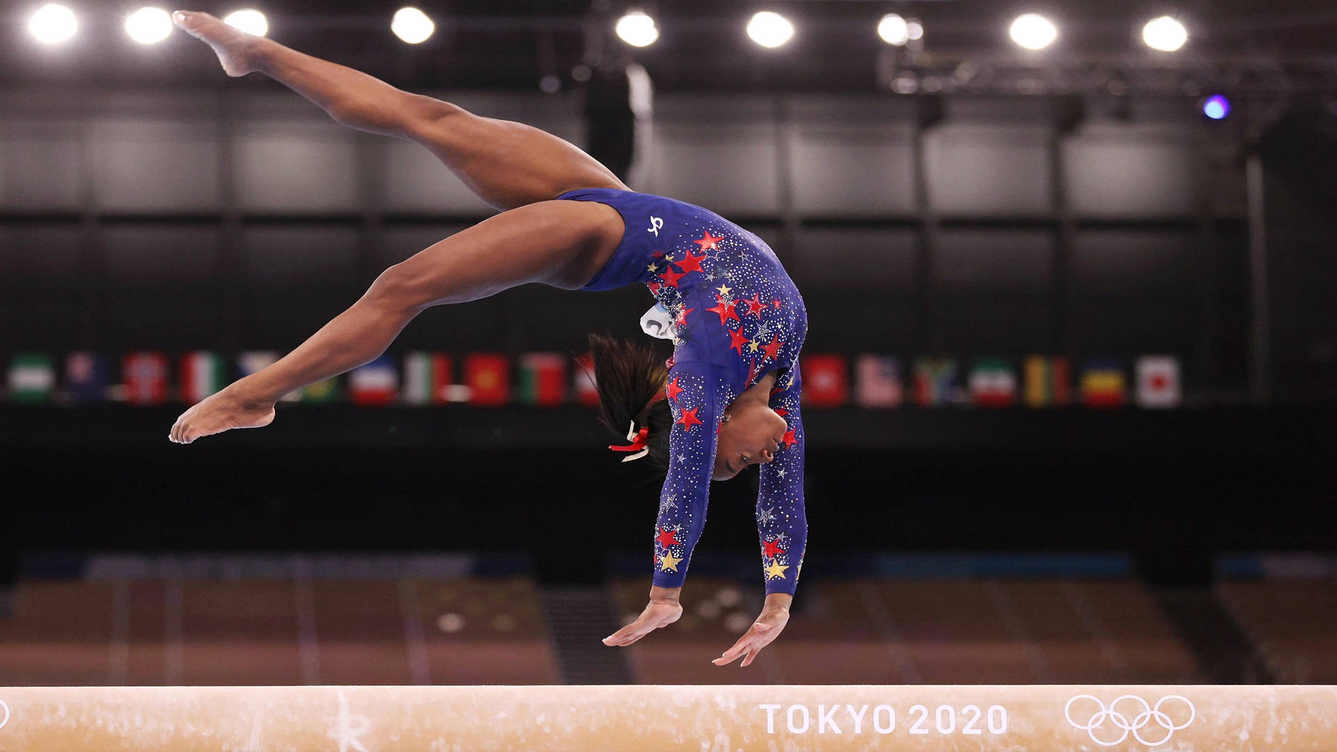 Simon Biles, blue star-spangled leotard, balance beam, Full HD Desktop Wallpaper