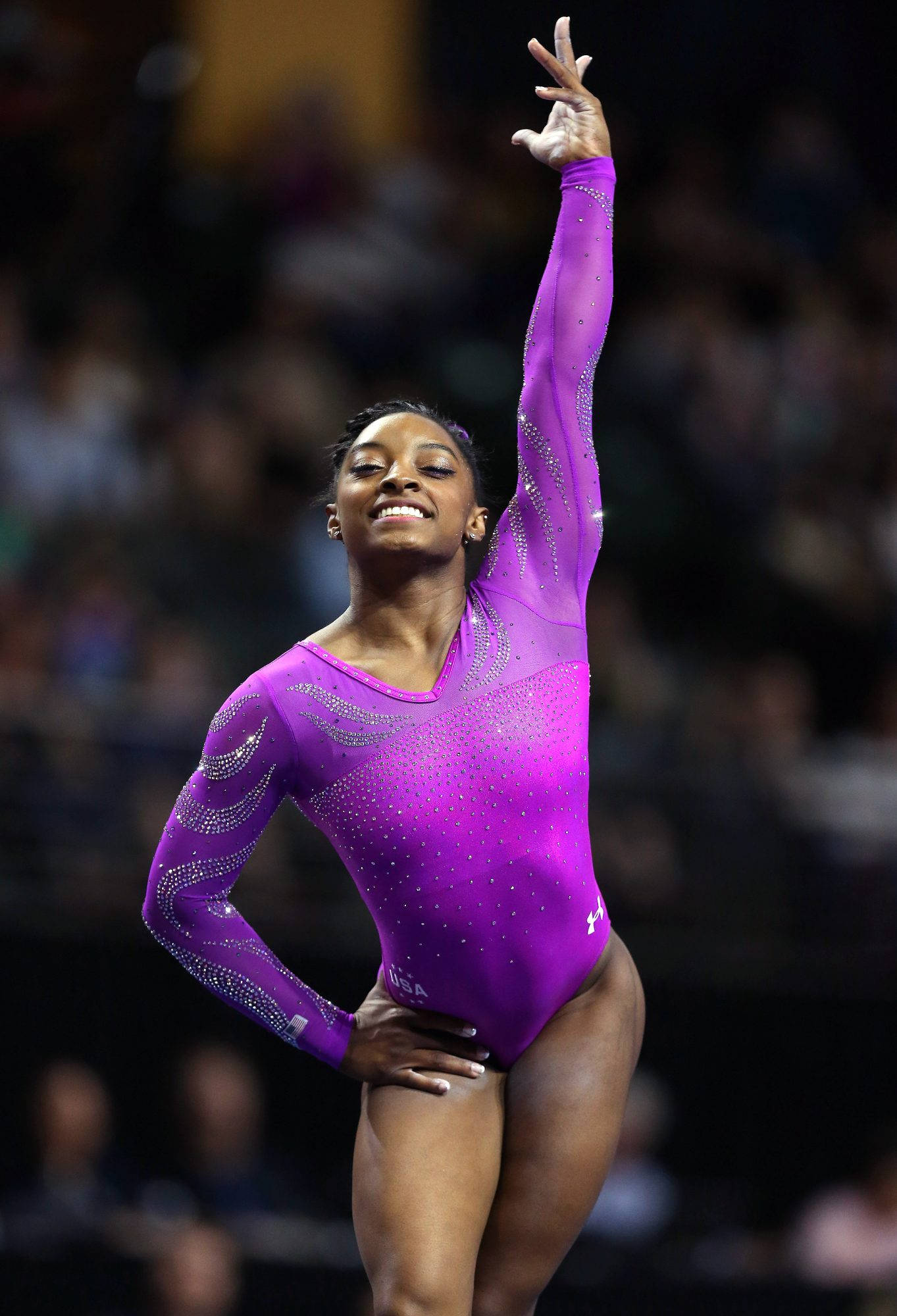 Simon Biles, sparkling purple leotard, triumphant pose, Full HD Phone Wallpaper
