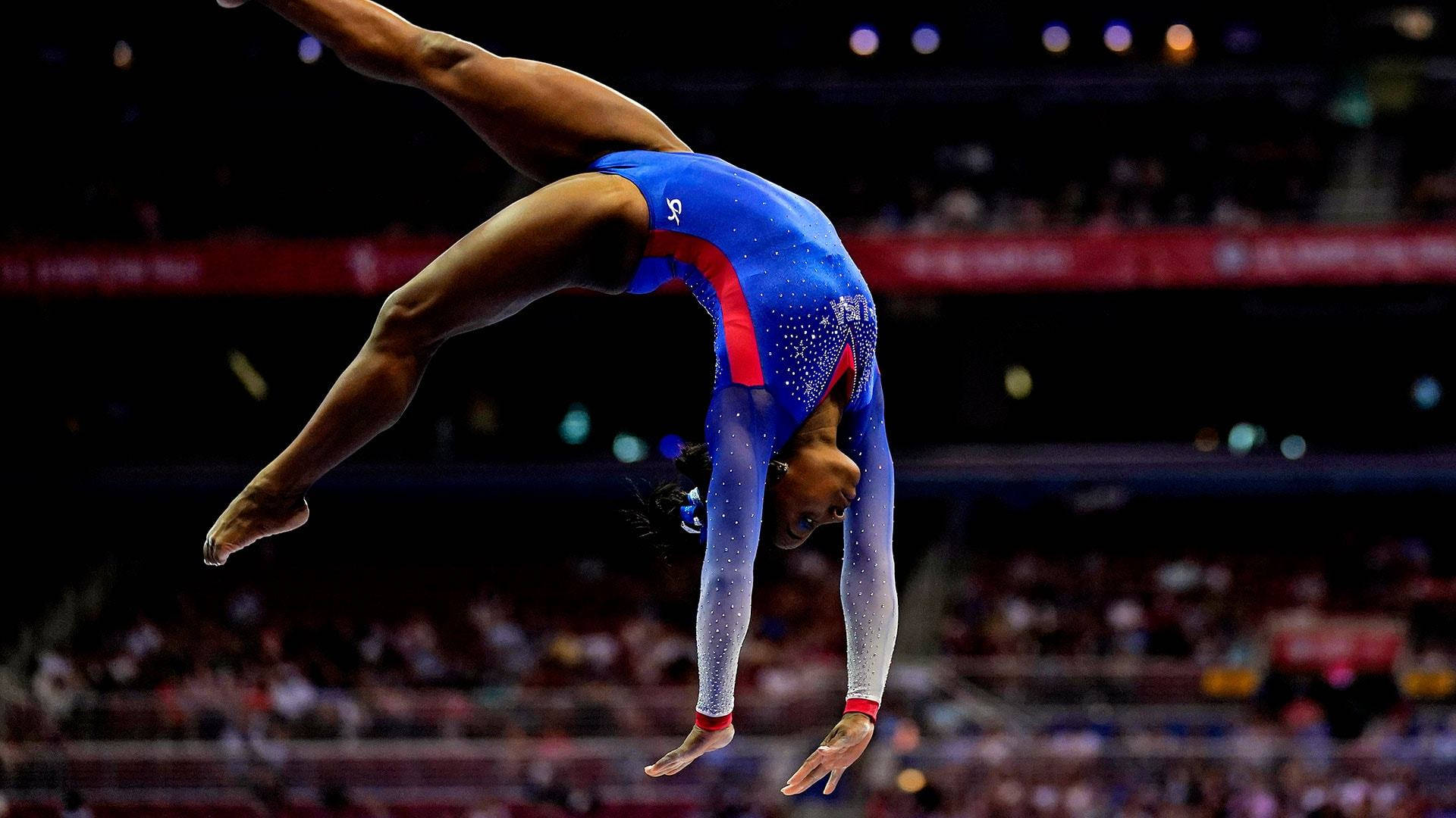 Simon Biles, blue and red leotard, arena lights, Full HD Desktop Wallpaper