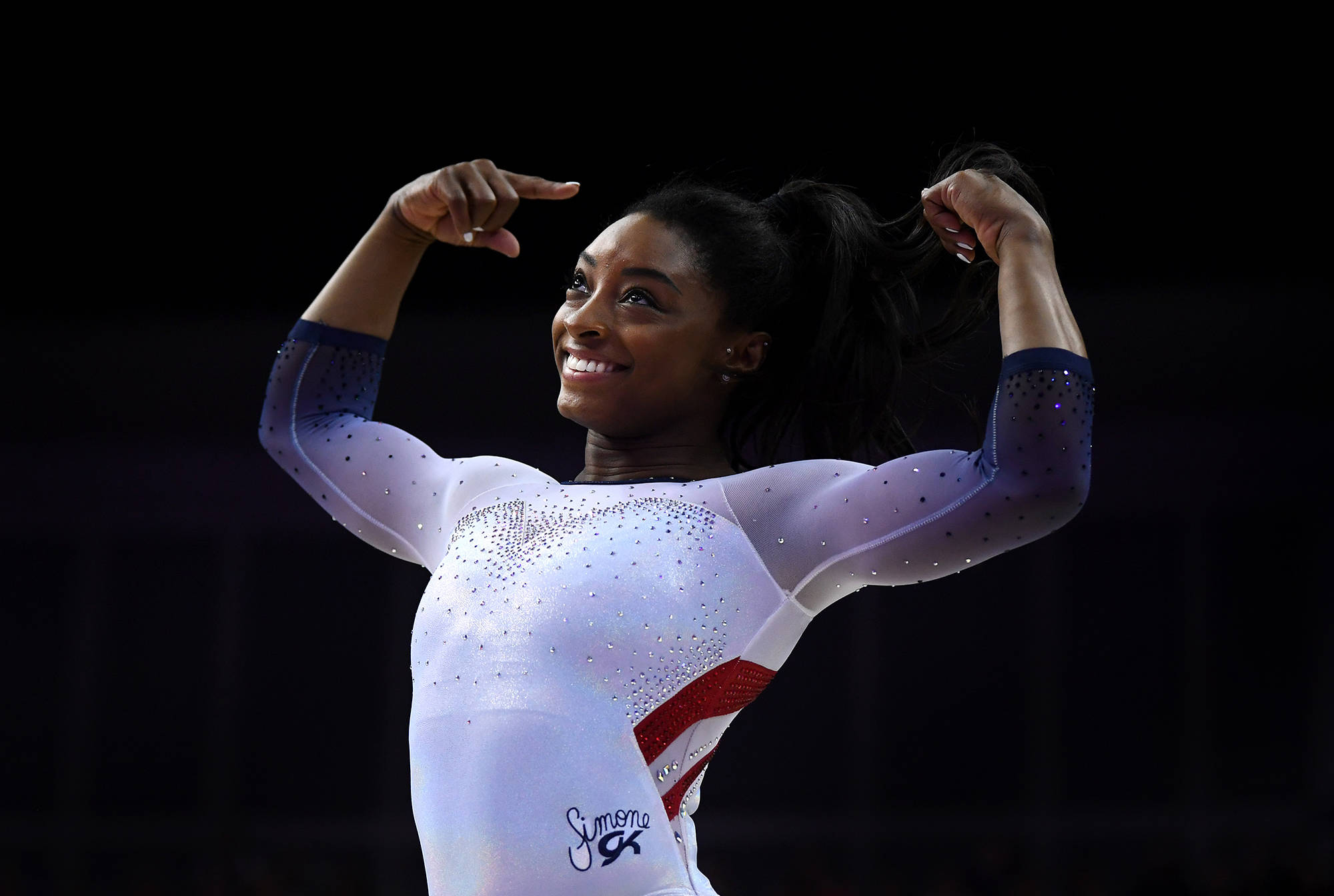 Simon Biles, sparkling white leotard, dark background, Full HD Desktop Wallpaper