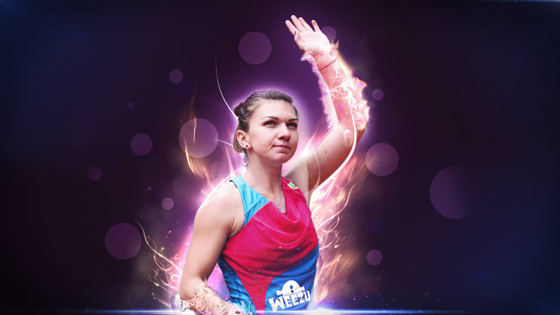 Simona Halep, red and blue uniform, glowing arm, Full HD Desktop Wallpaper