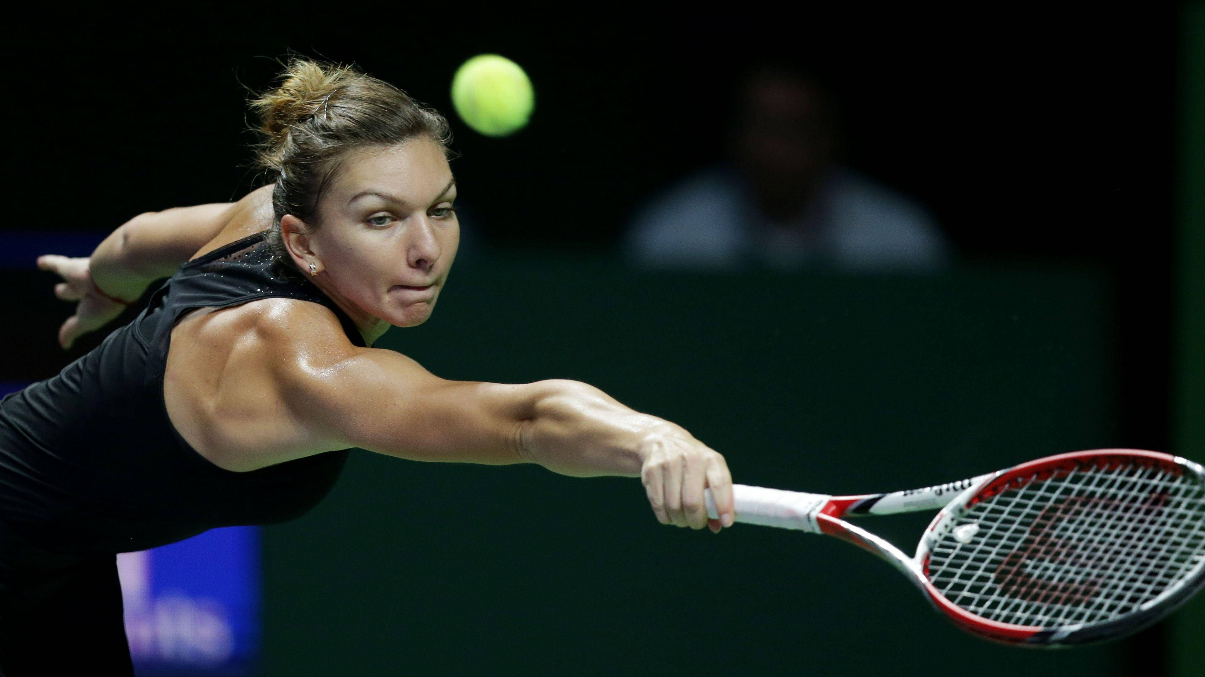 Simona Halep, black athletic gear, glowing yellow tennis ball, 4K Desktop Wallpaper