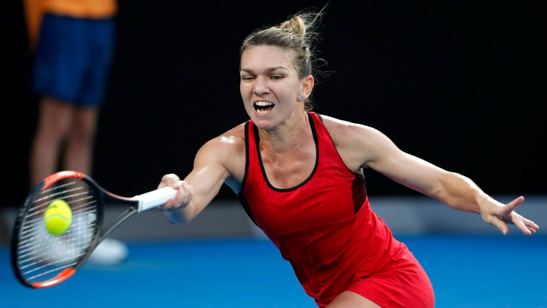 Simona Halep, red outfit, bright yellow ball, Full HD Desktop Wallpaper