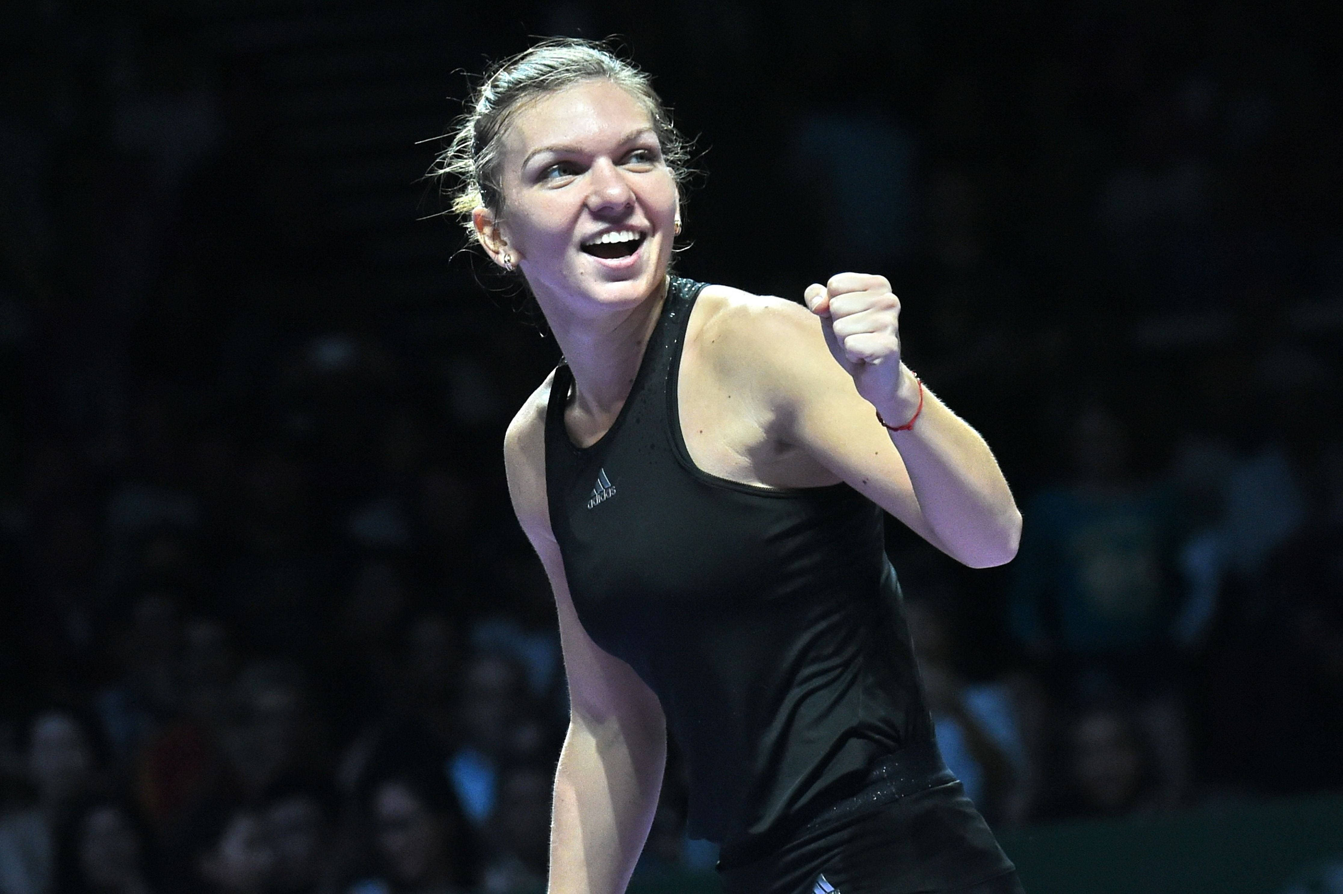 Simona Halep, black sportswear, bright arena lights, 4K Desktop Wallpaper