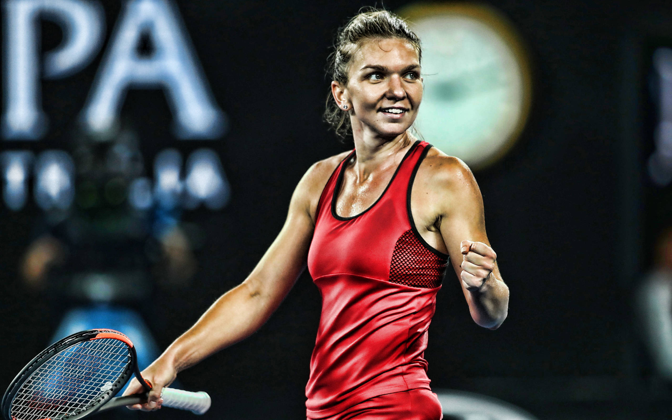 Simona Halep, red sportswear, tennis player, 2K Desktop Wallpaper
