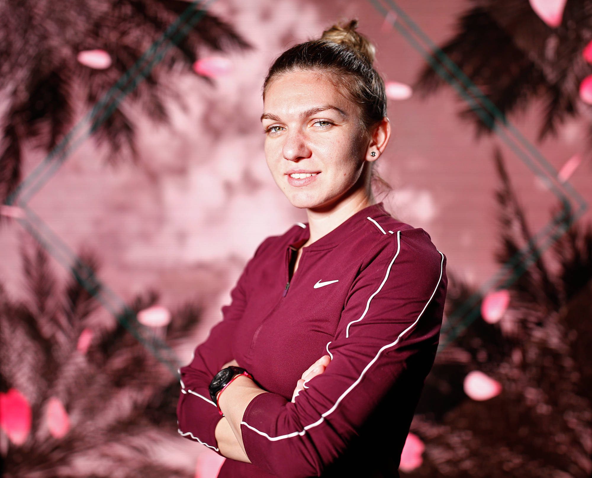 Simona Halep, maroon athletic wear, pink-toned backdrop, Full HD Desktop Wallpaper